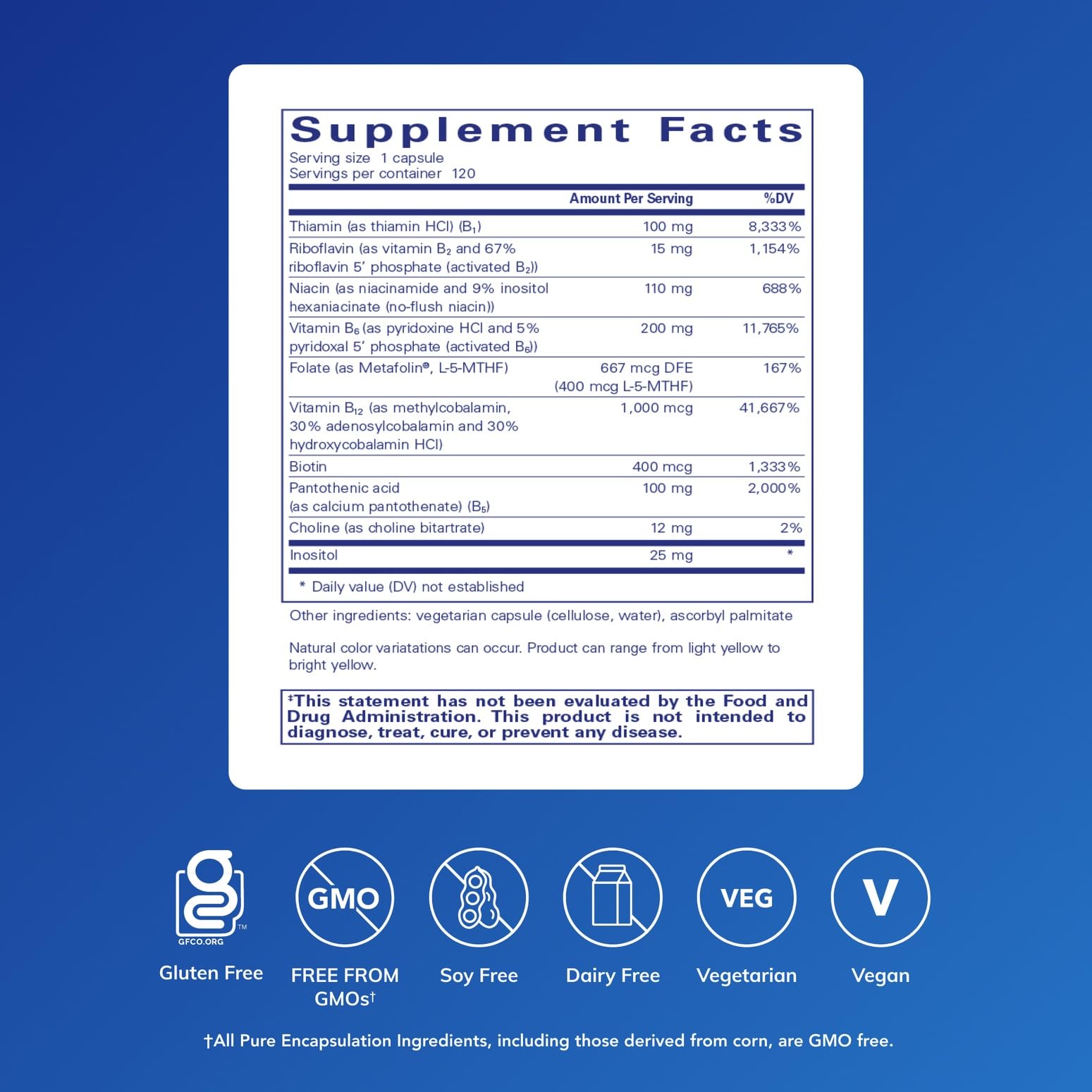 Pure Encapsulations B6 Complex supplement side view with dosage details