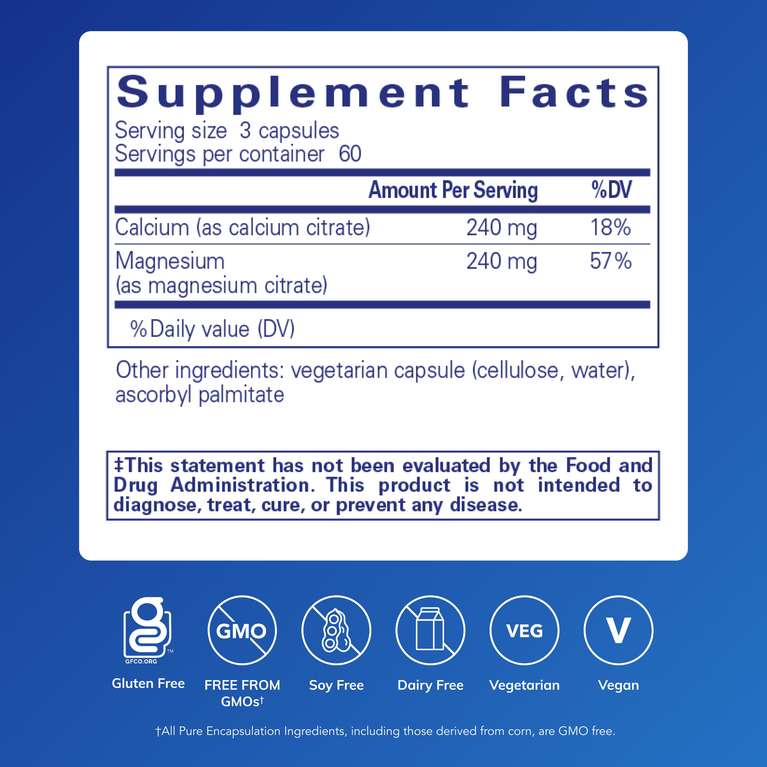 Pure Encapsulations Calcium Magnesium Citrate 240mg side view