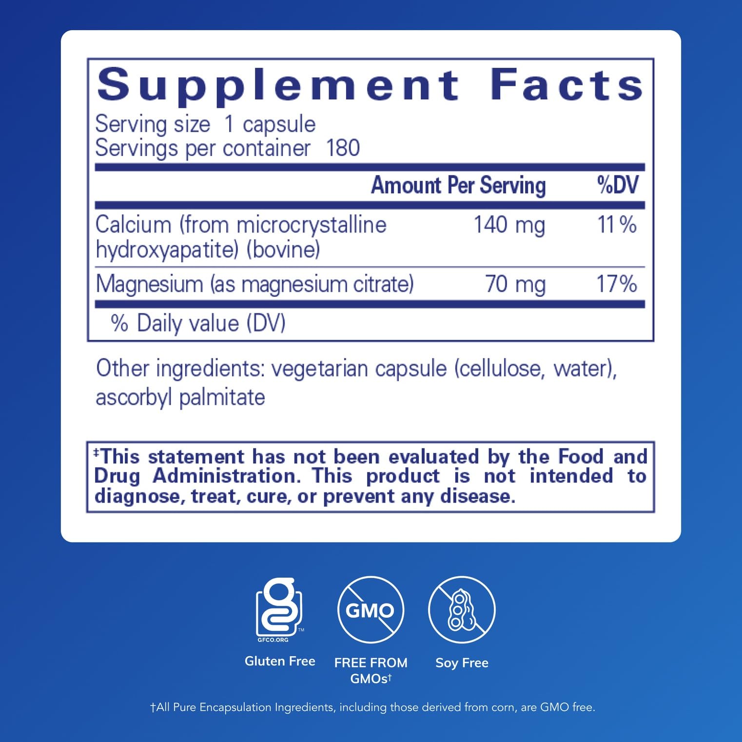 Pure Encapsulations Calcium with Magnesium 140mg 90 capsules side view