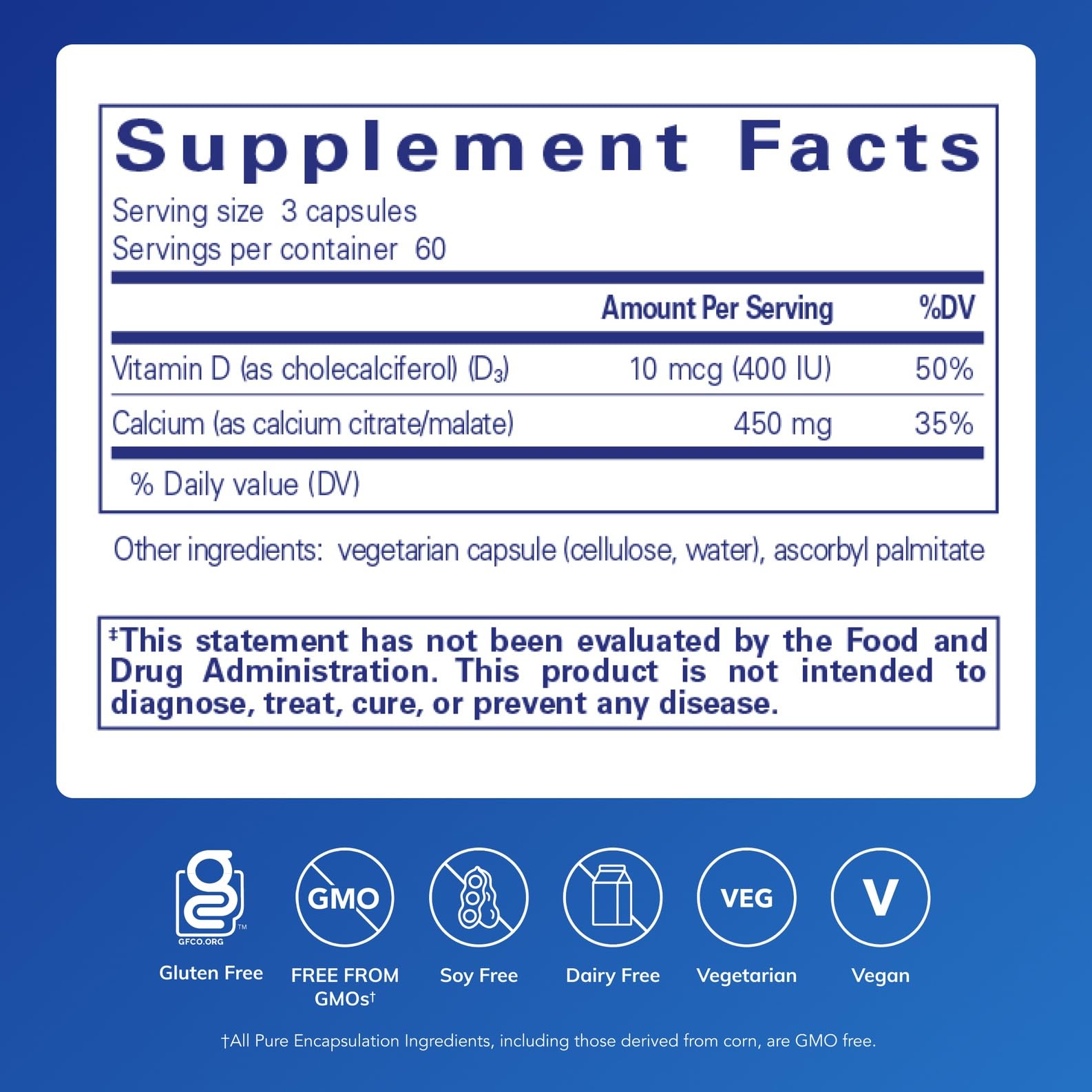 Pure Encapsulations Calcium with Vitamin D 450mg 90 capsules side view