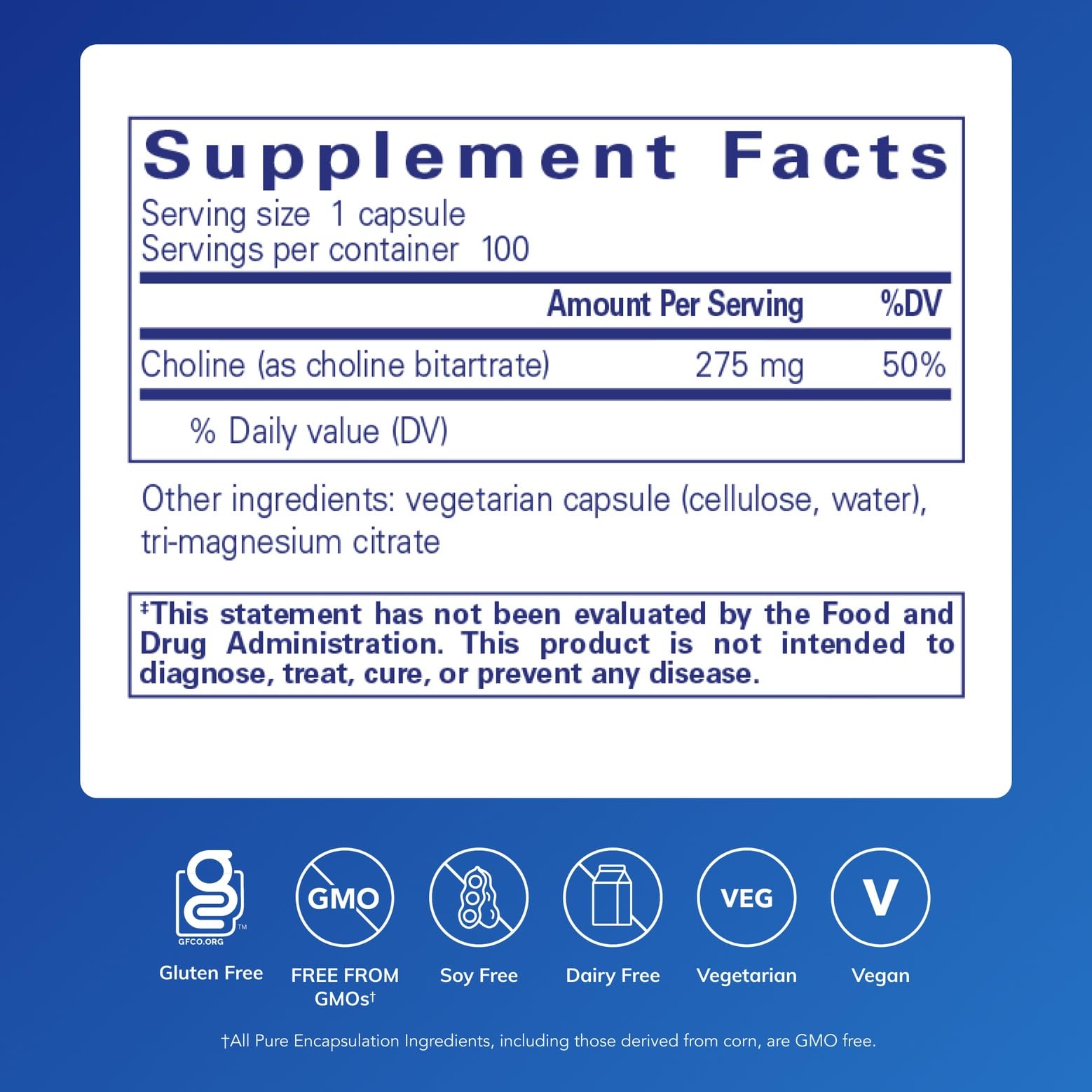 Pure Encapsulations Choline Bitartrate 275mg vegan capsules side view