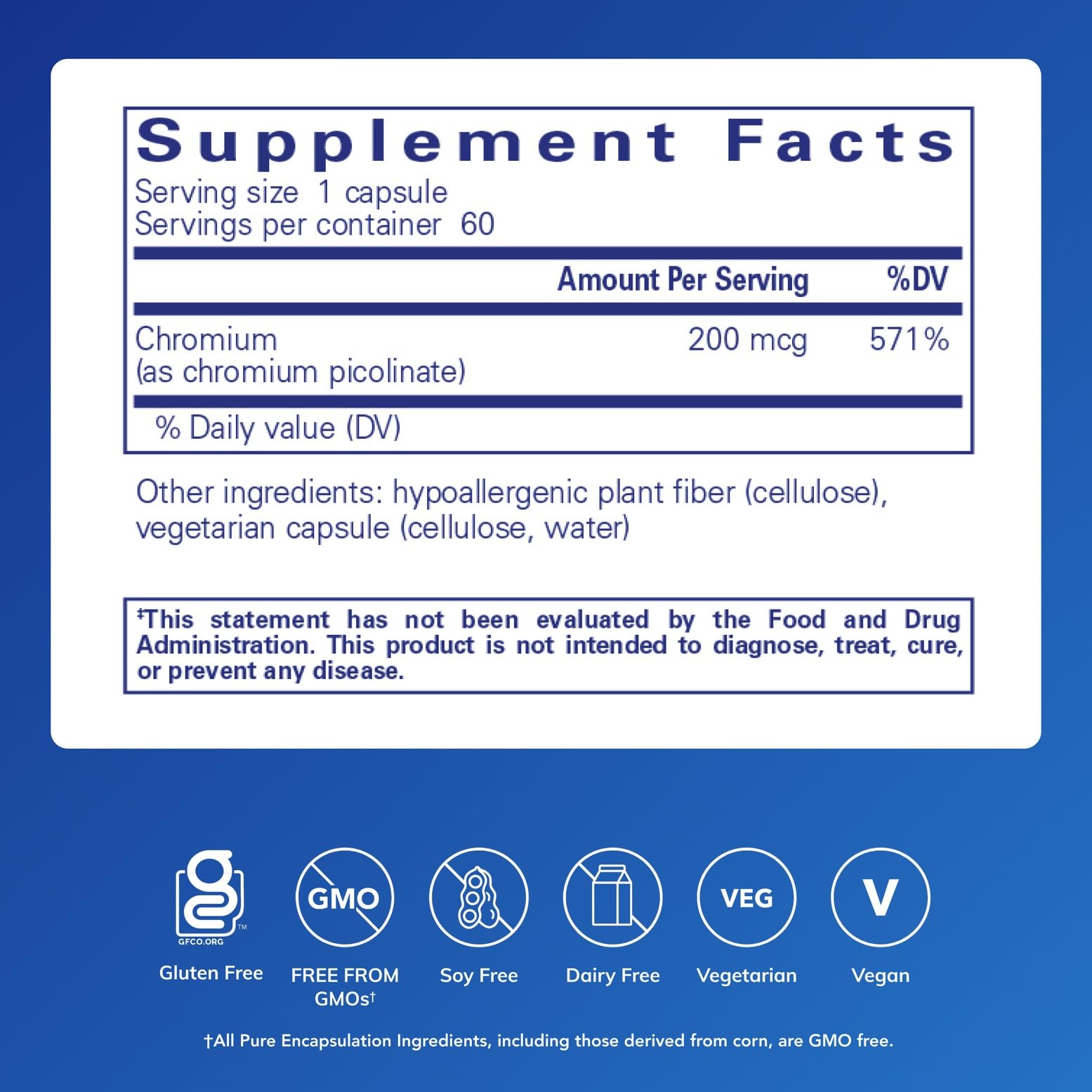 Pure Encapsulations Chromium Picolinate 200 mcg supplement side view