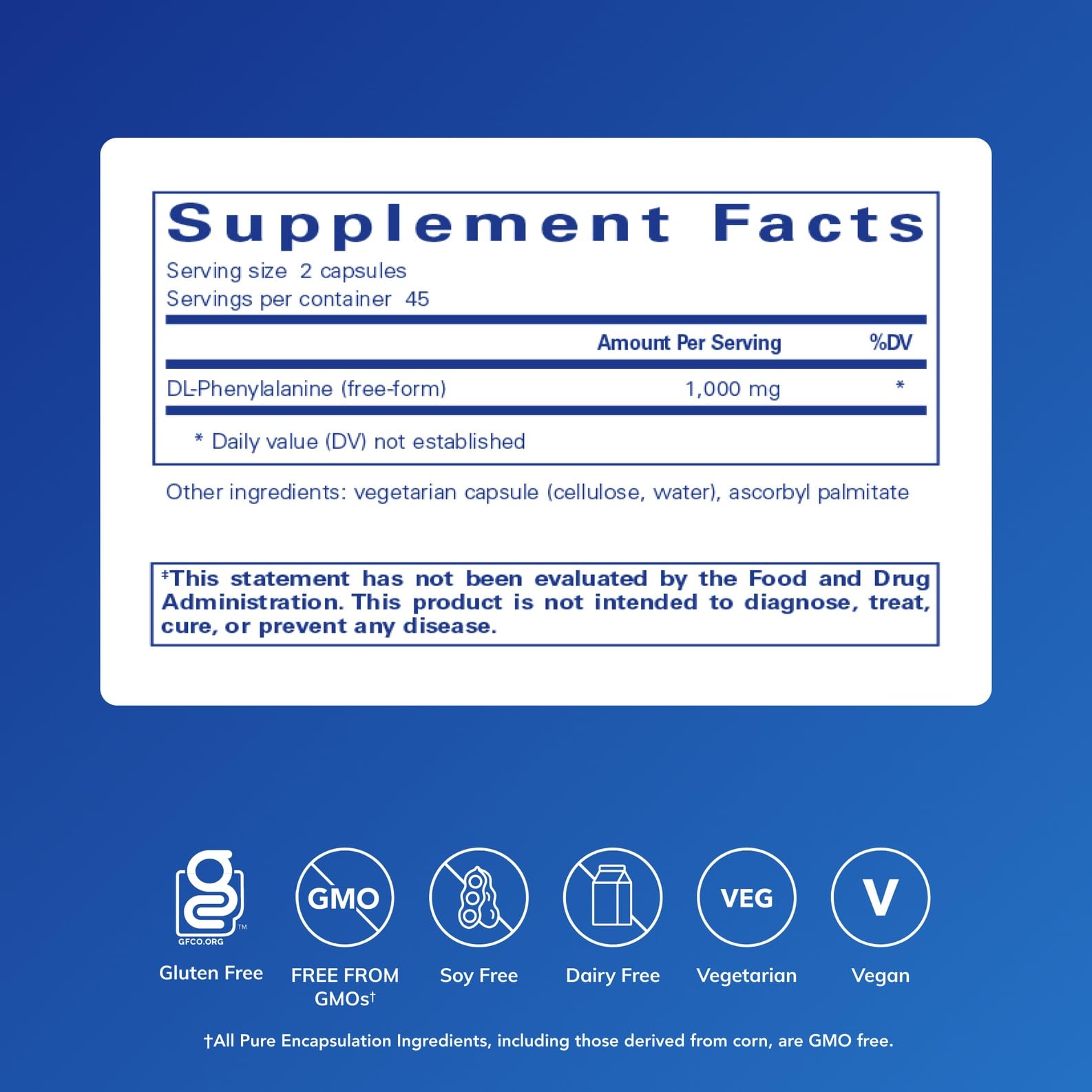 Pure Encapsulations DL-Phenylalanine 1000mg 120 vegetarian capsules side view