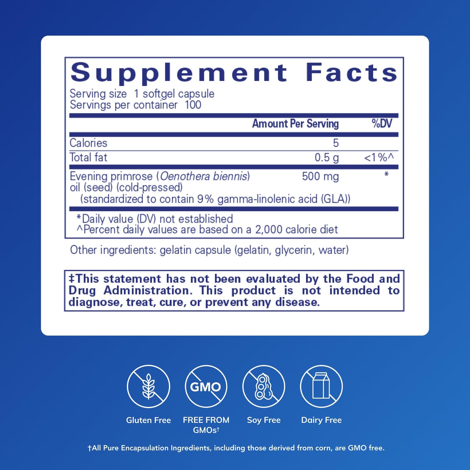 Pure Encapsulations Evening Primrose Oil 500mg Softgels side view