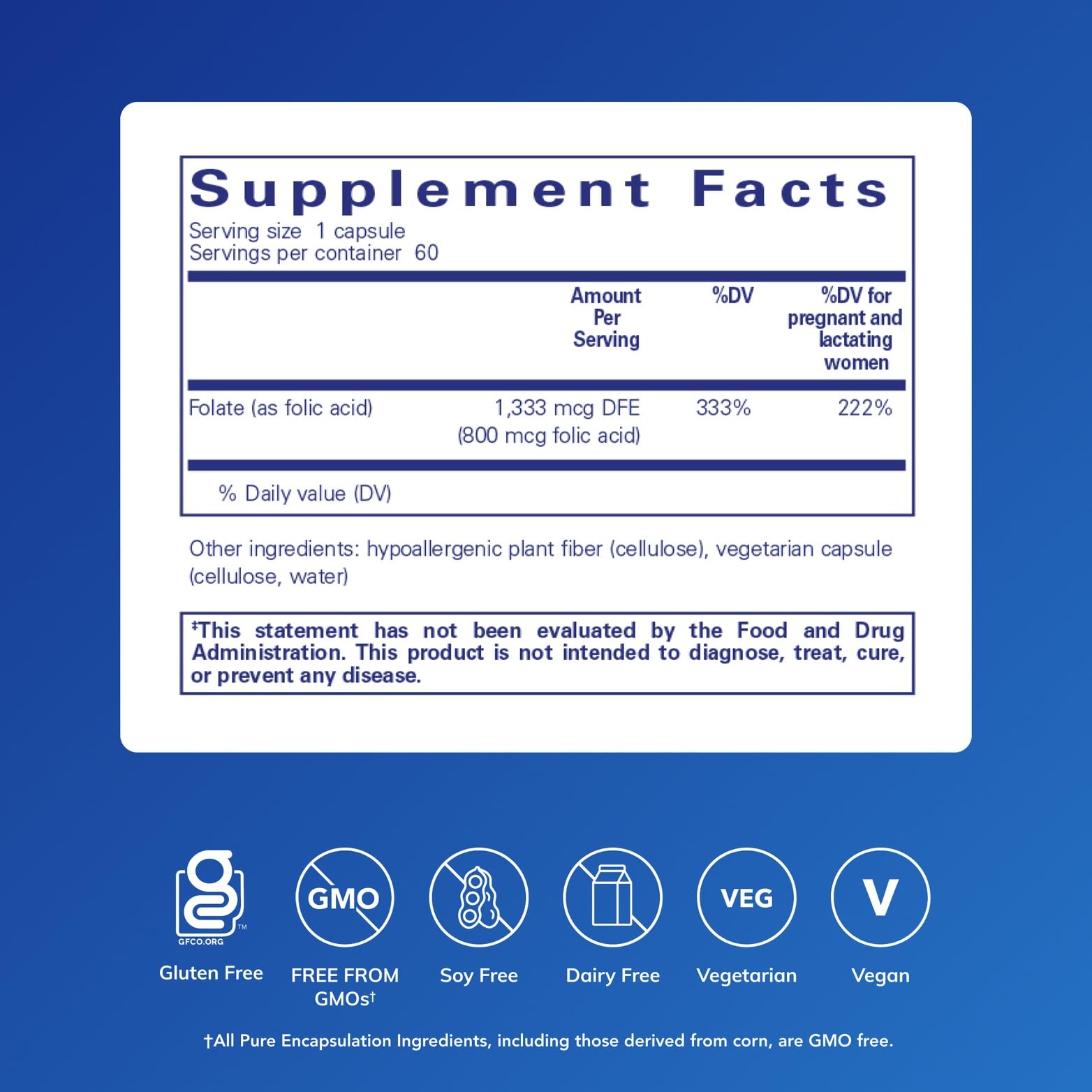 Pure Encapsulations Folic Acid 800 mcg supplement bottle side view