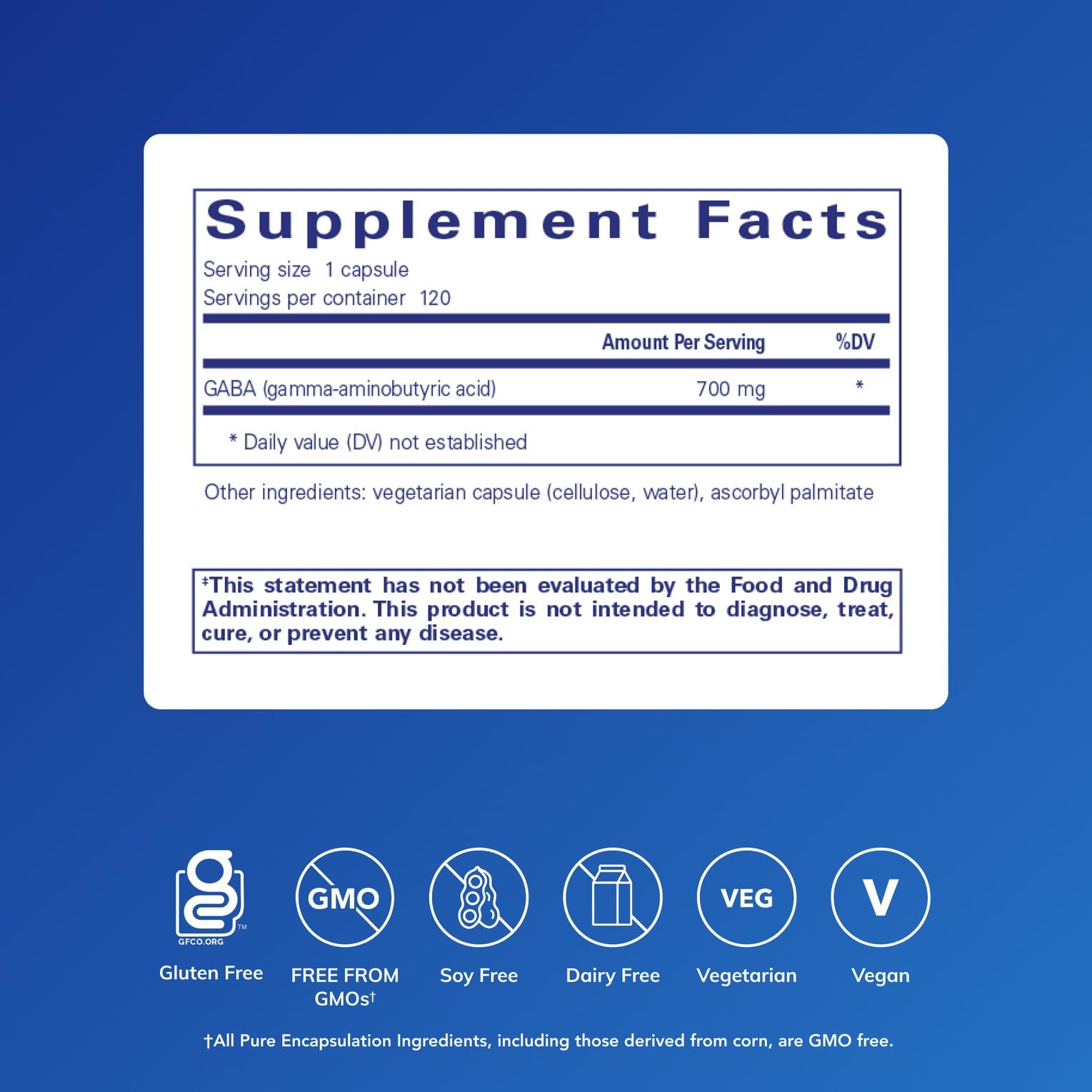 Pure Encapsulations GABA Supplement 700mg side view with dosage details