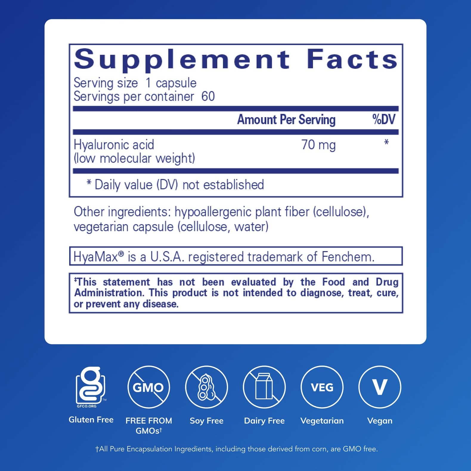 Pure Encapsulations Hyaluronic Acid 70mg vegan capsules back view