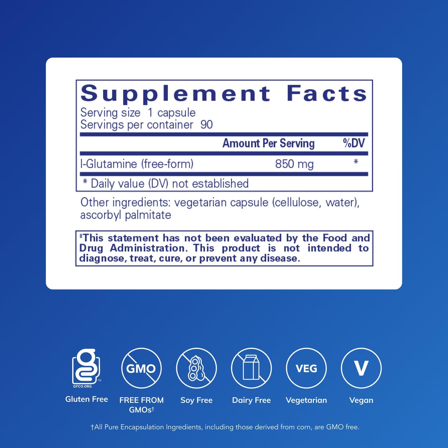Pure Encapsulations L-Glutamine 850mg supplement side view