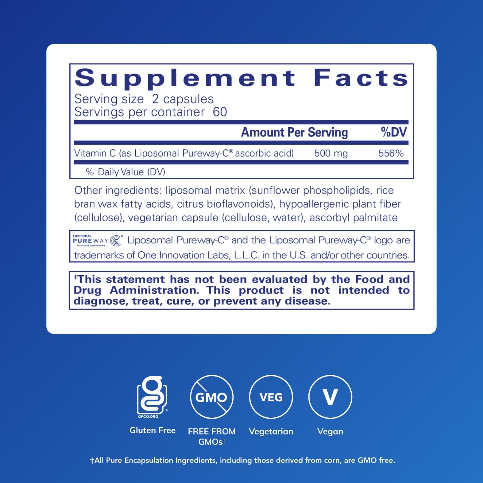 Pure Encapsulations Liposomal Vitamin C 500mg side view of bottle
