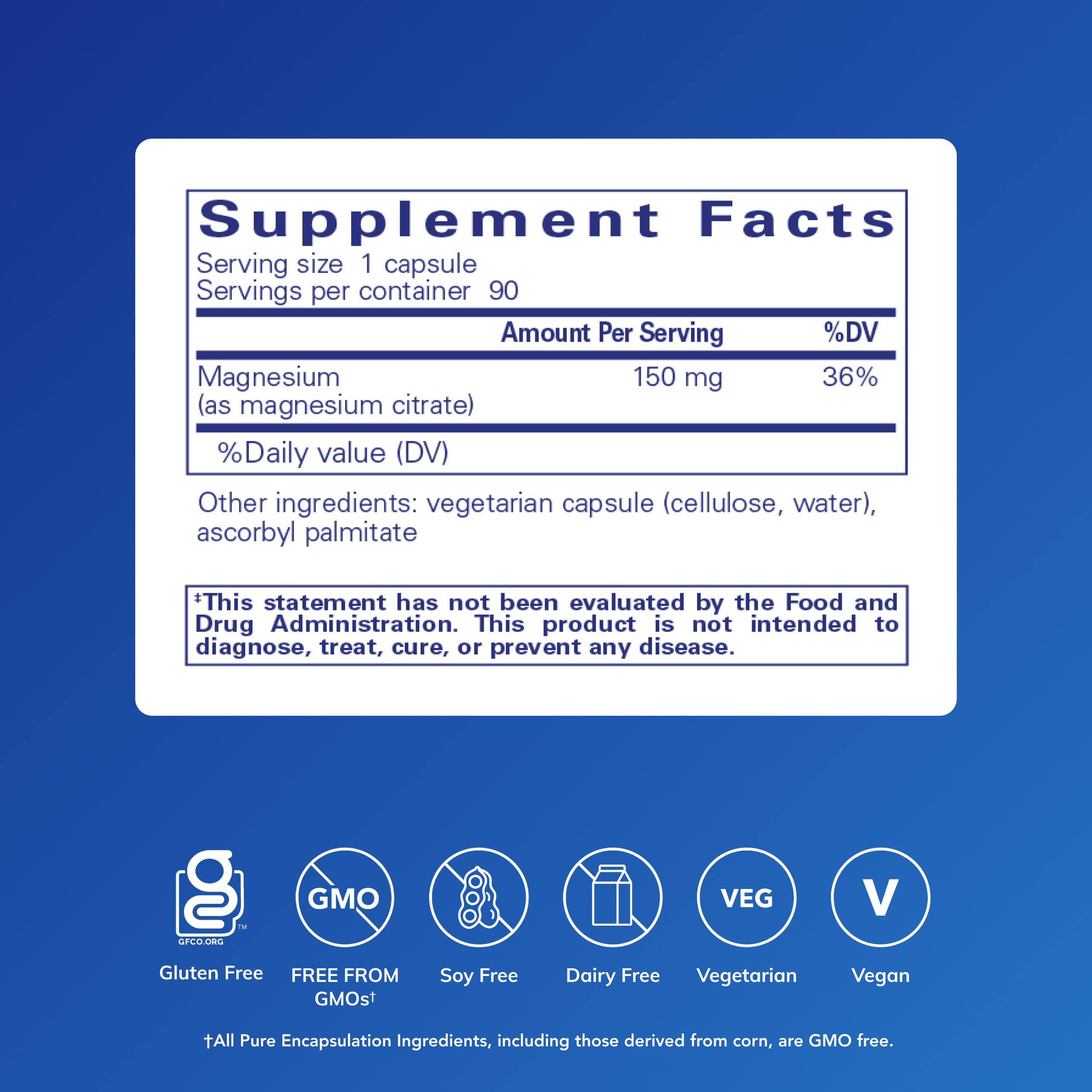 Pure Encapsulations Magnesium Citrate 150mg vegetarian capsules side view