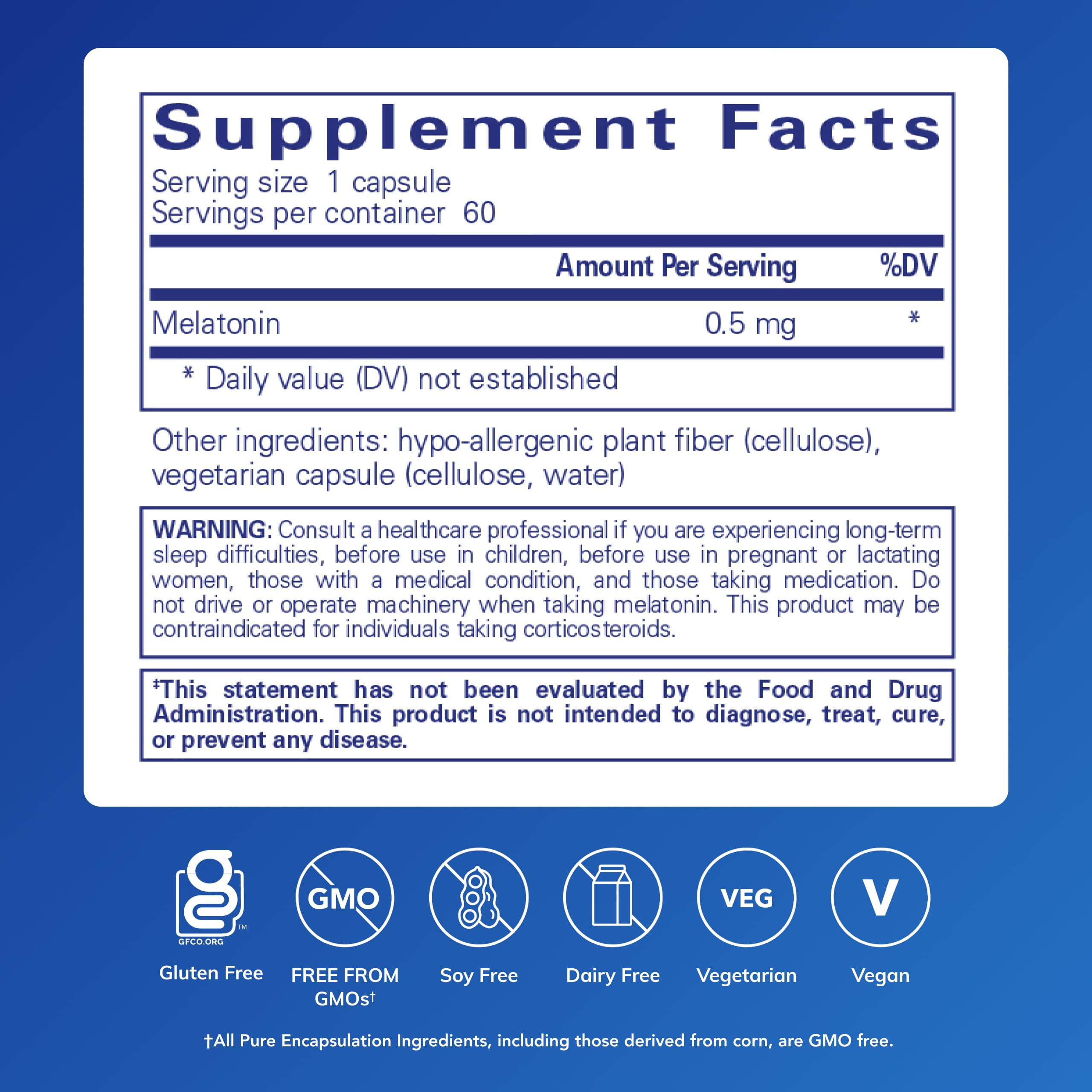 Pure Encapsulations Melatonin 0.5 mg 60 Capsules back view