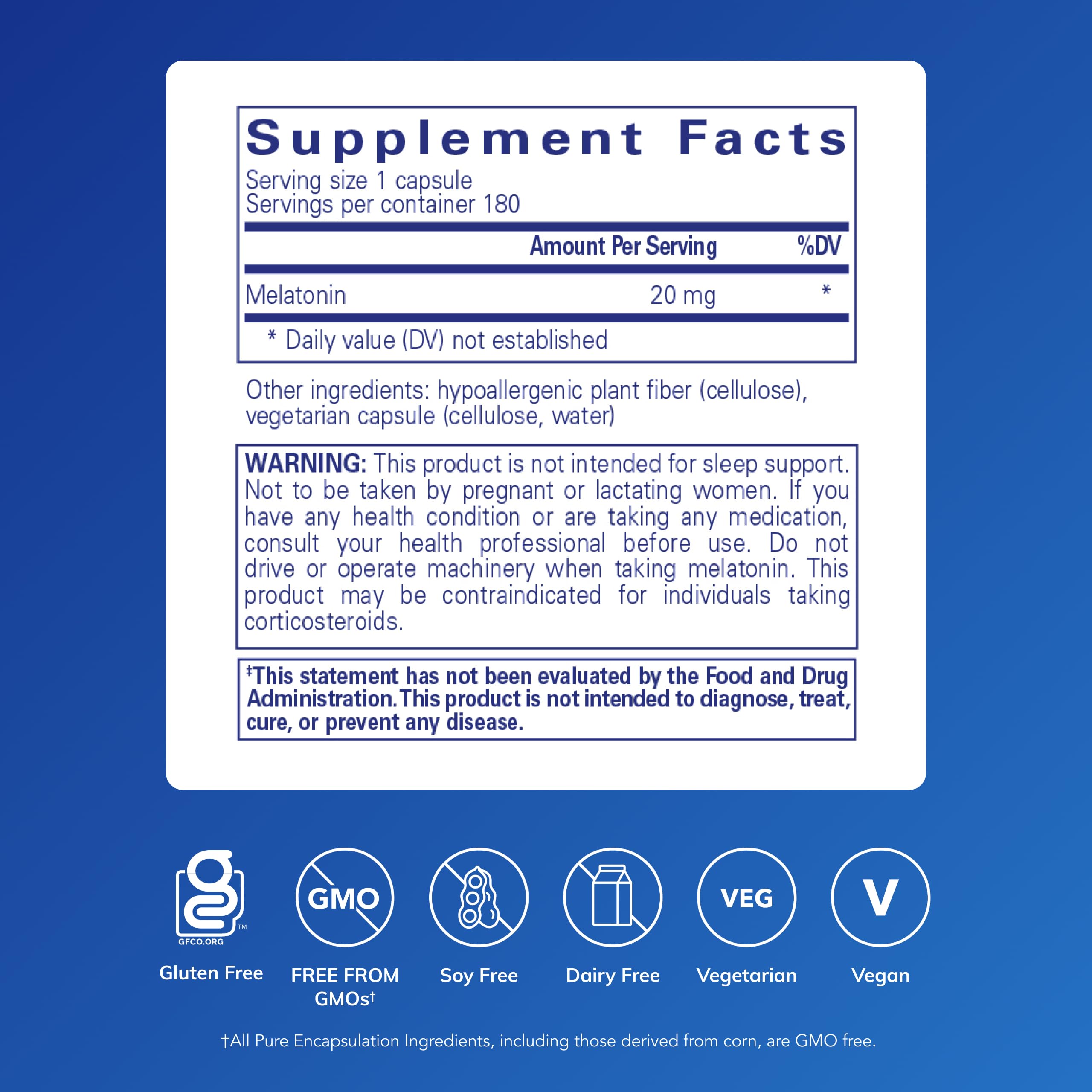 Pure Encapsulations Melatonin 20 mg 180 Capsules back view