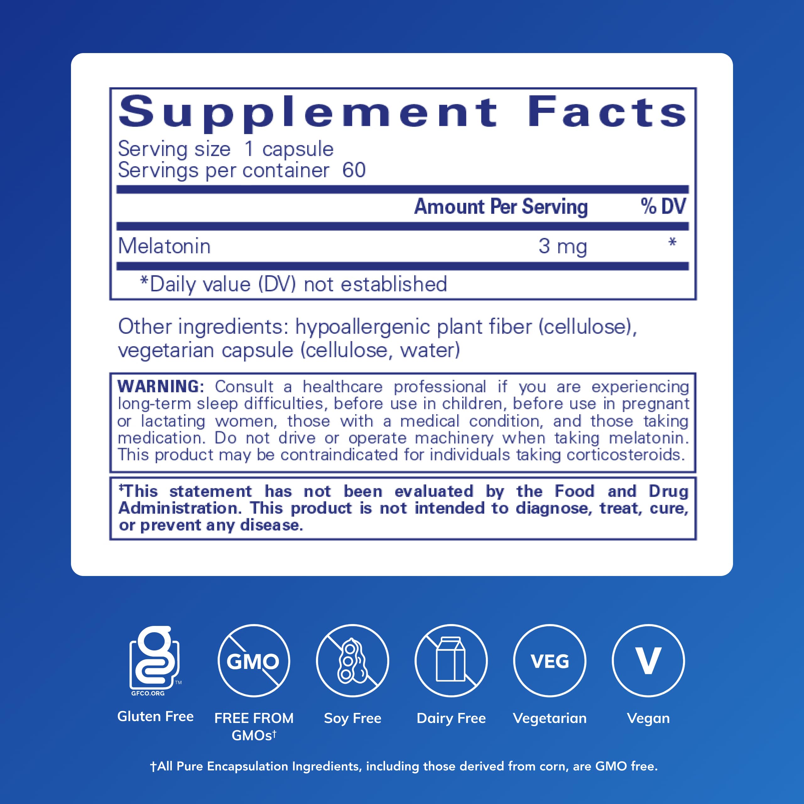 Pure Encapsulations Melatonin 3 mg 60 Capsules back view