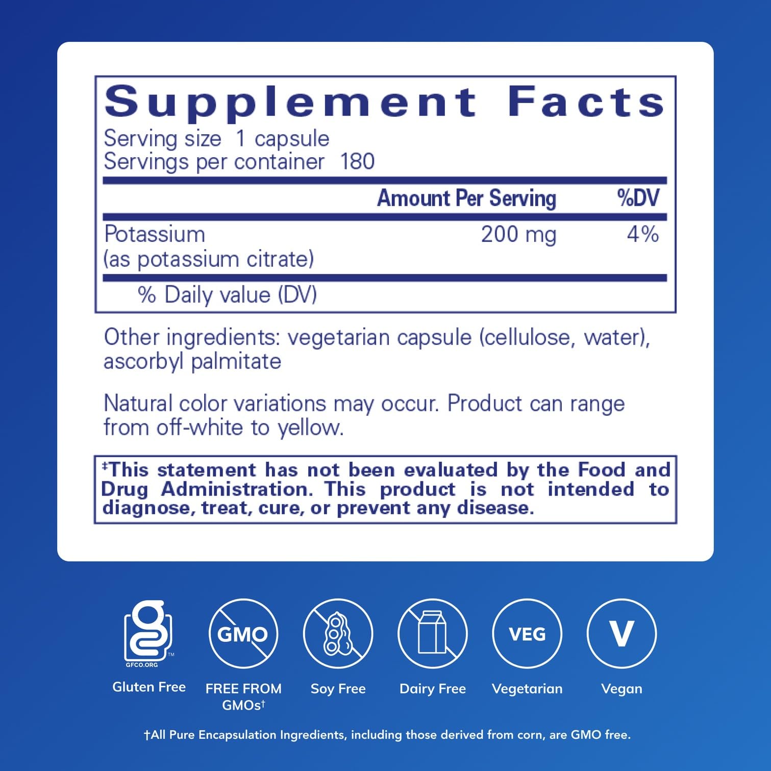 Pure Encapsulations Potassium Citrate 200mg supplement side view