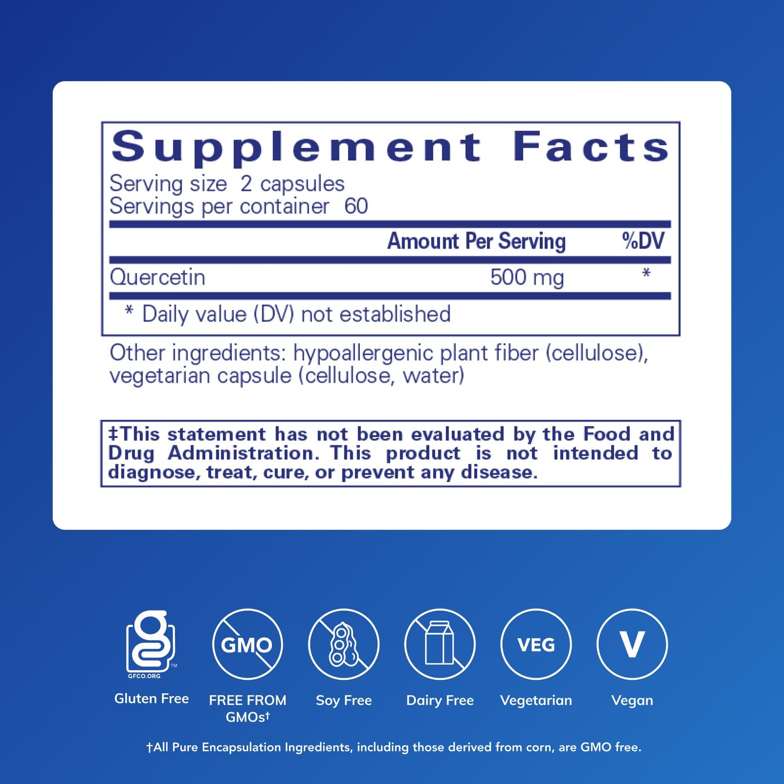Pure Encapsulations Quercetin 500mg supplement side view showing capsule details