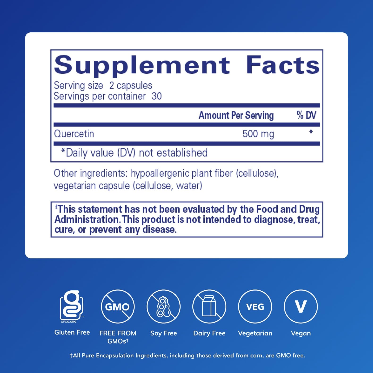 Pure Encapsulations Quercetin Supplement 500mg side view showing the label