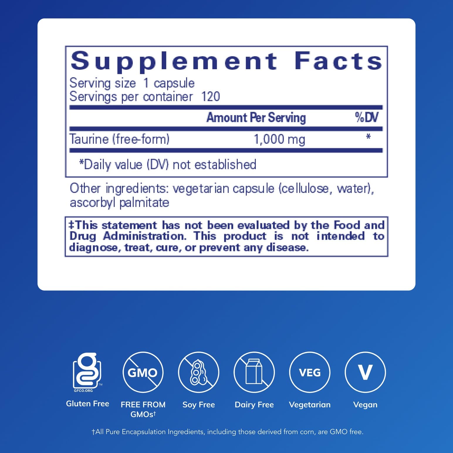 Pure Encapsulations Taurine 1000mg 120 Capsules side view