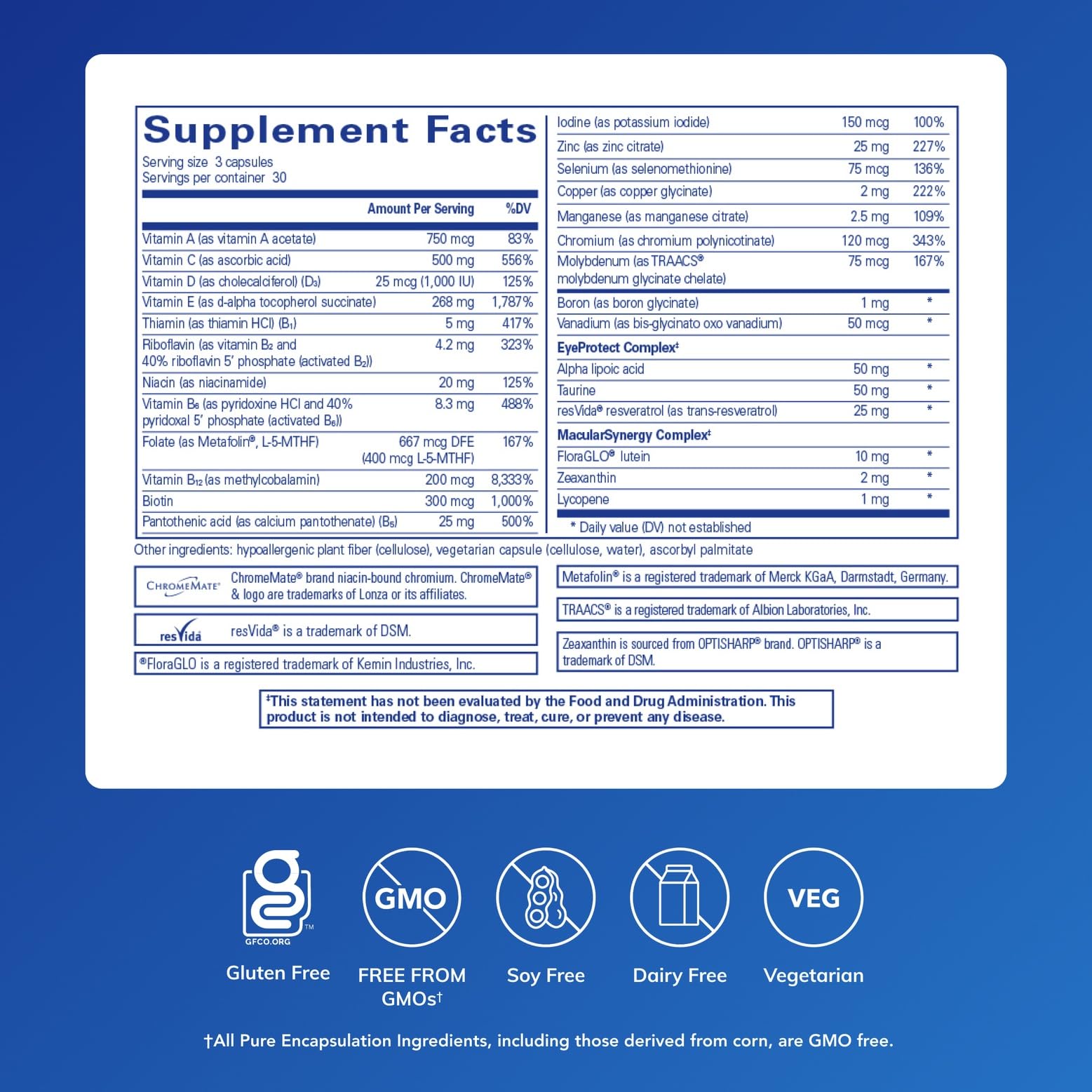 Pure Encapsulations VisionPro Nutrients 68g side view showing ingredient details