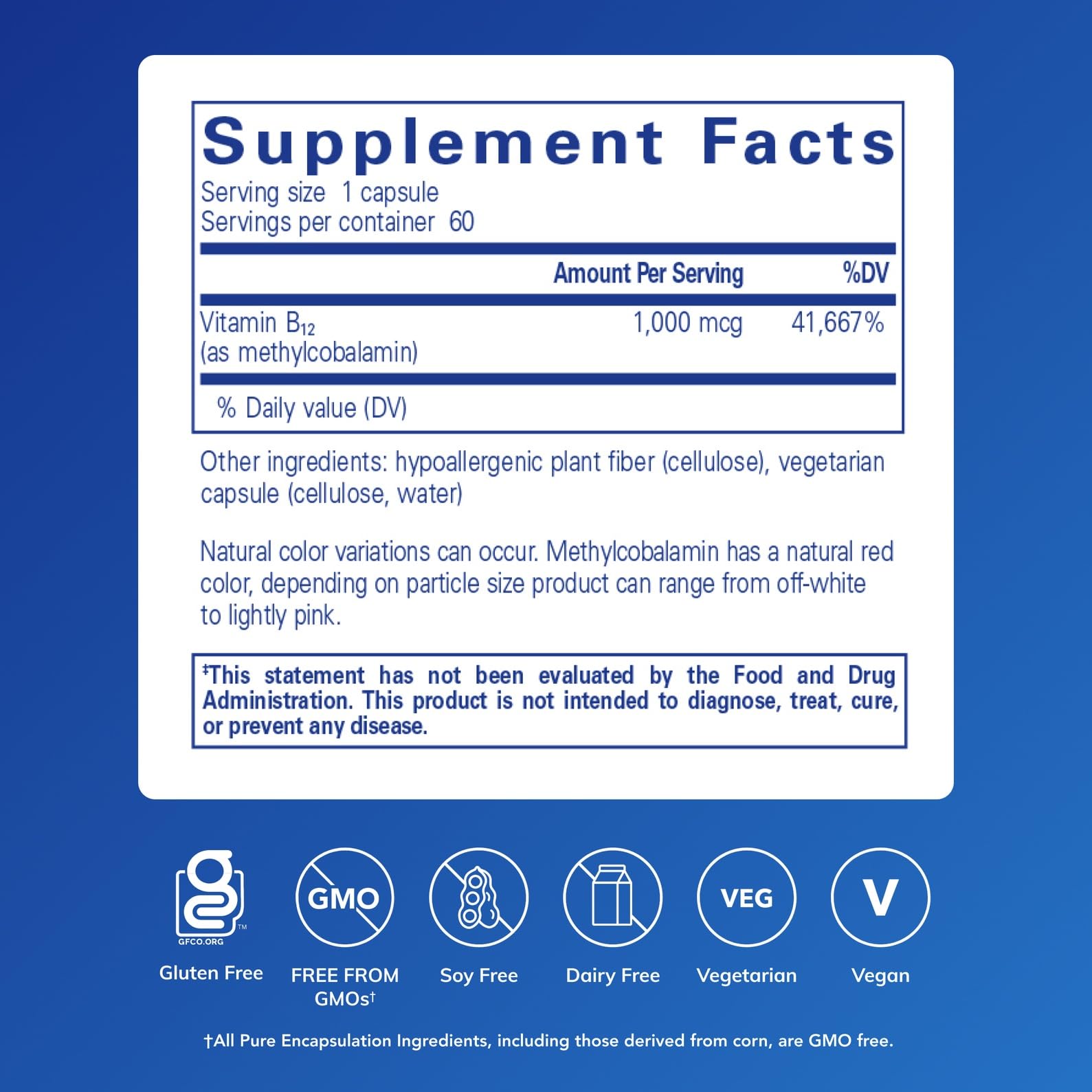 Pure Encapsulations Vitamin B12 Methylcobalamin 1000 mcg capsules side view