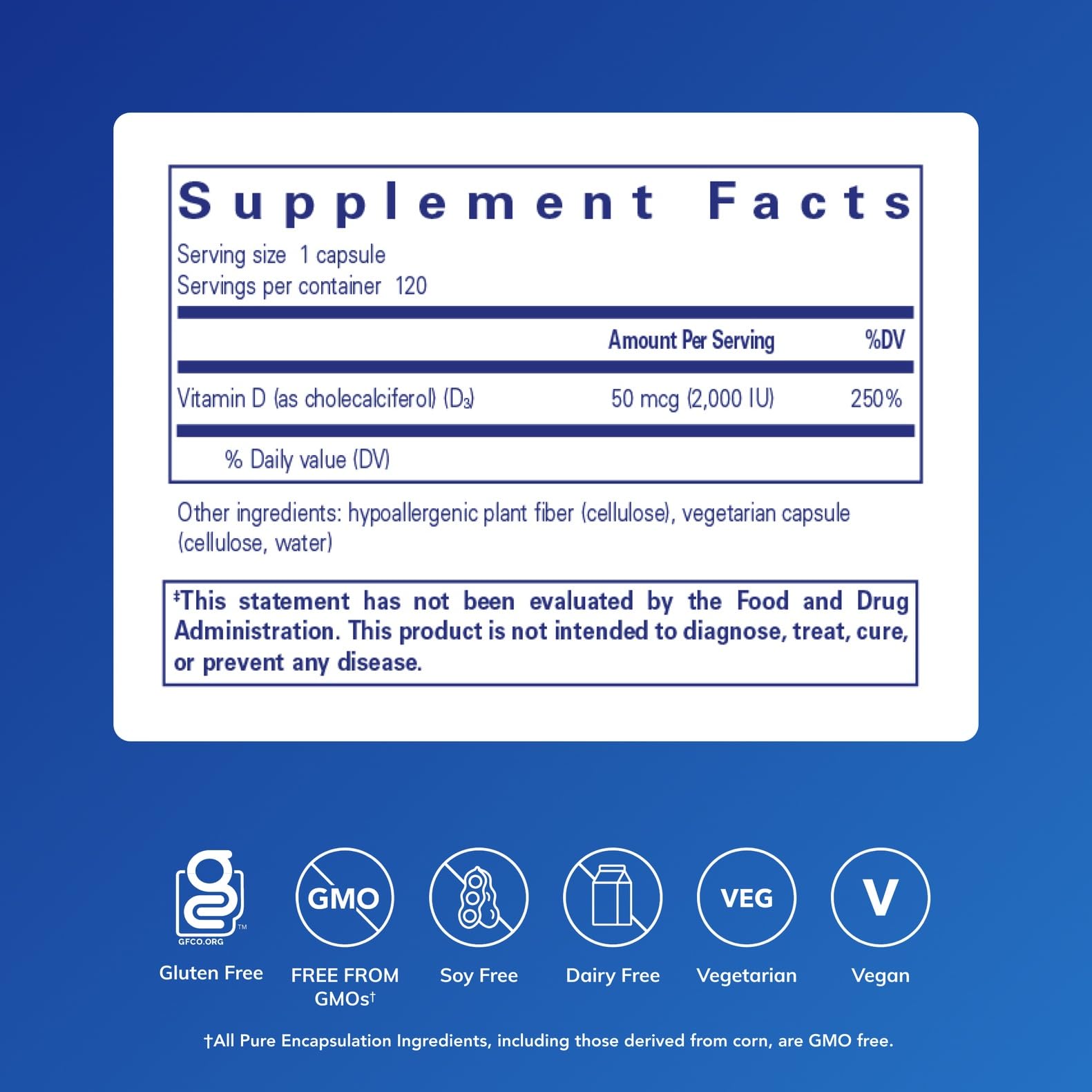 Pure Encapsulations Vitamin D3 50 mcg organic vegan capsules side view