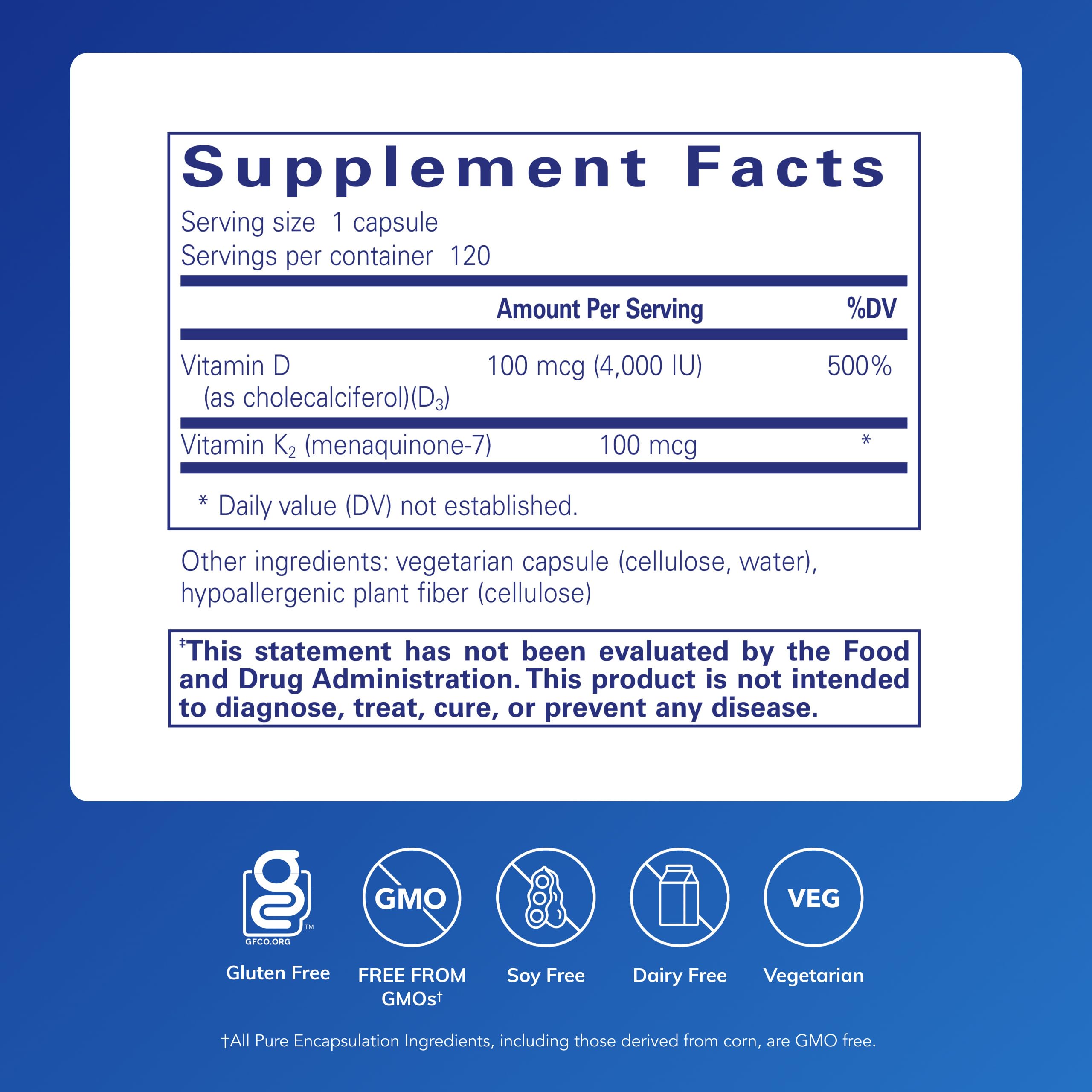 Pure Encapsulations Vitamin D3 & K2 capsules back view with ingredient list