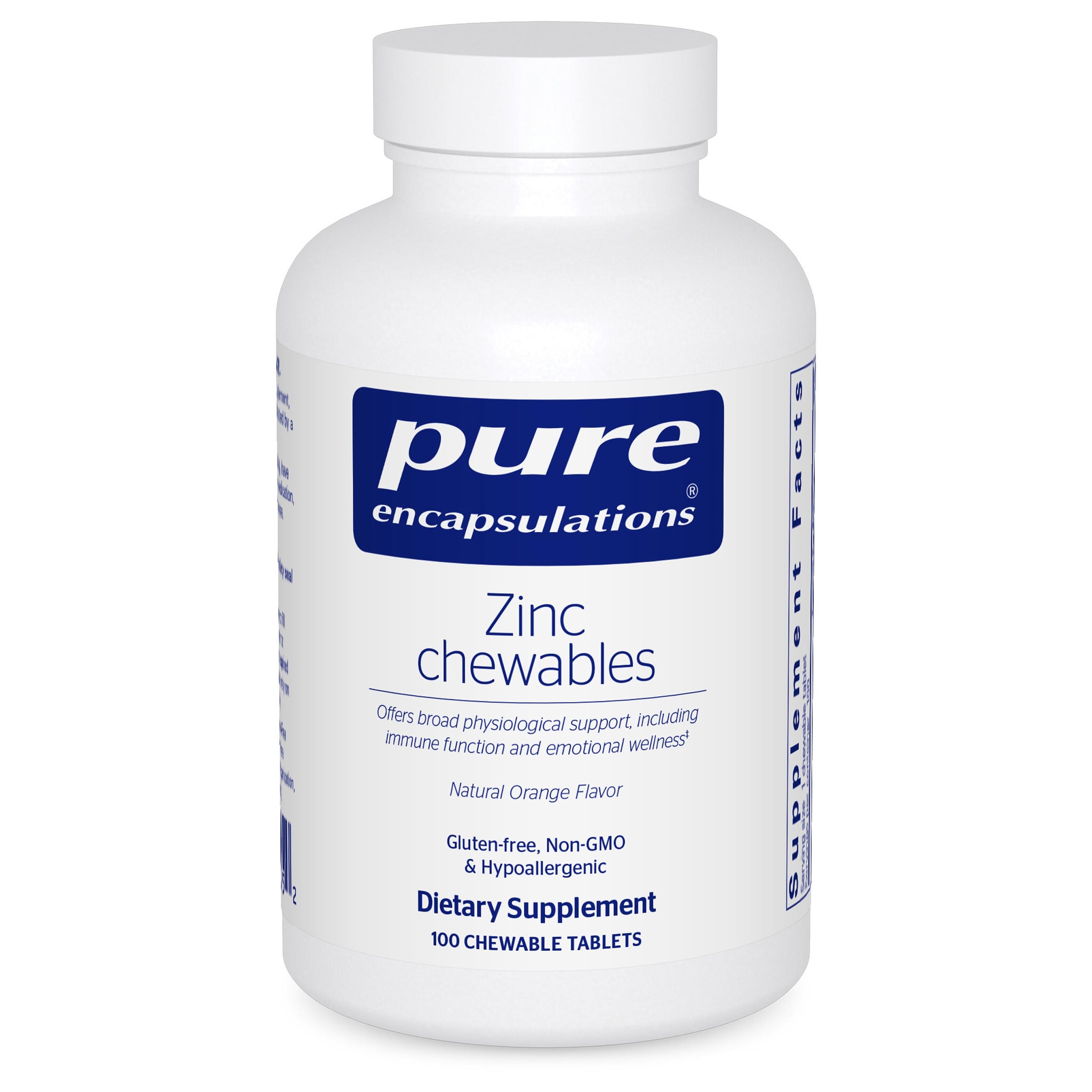 Pure Encapsulations Zinc Chewable Tablets front view, 100 count