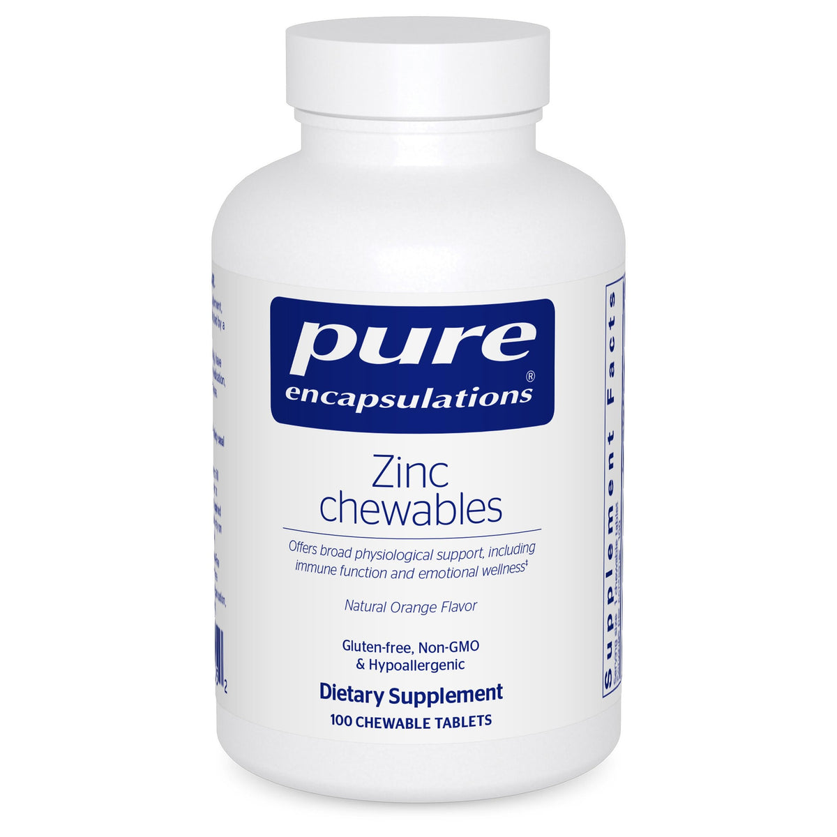 Pure Encapsulations Zinc Chewable Tablets front view, 100 count