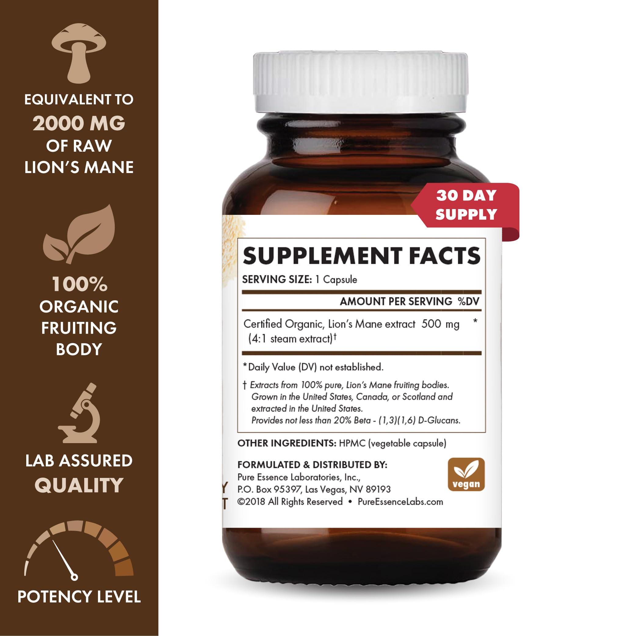 PURE ESSENCE LABS Lion's Mane Mushroom Extract 500mg side view