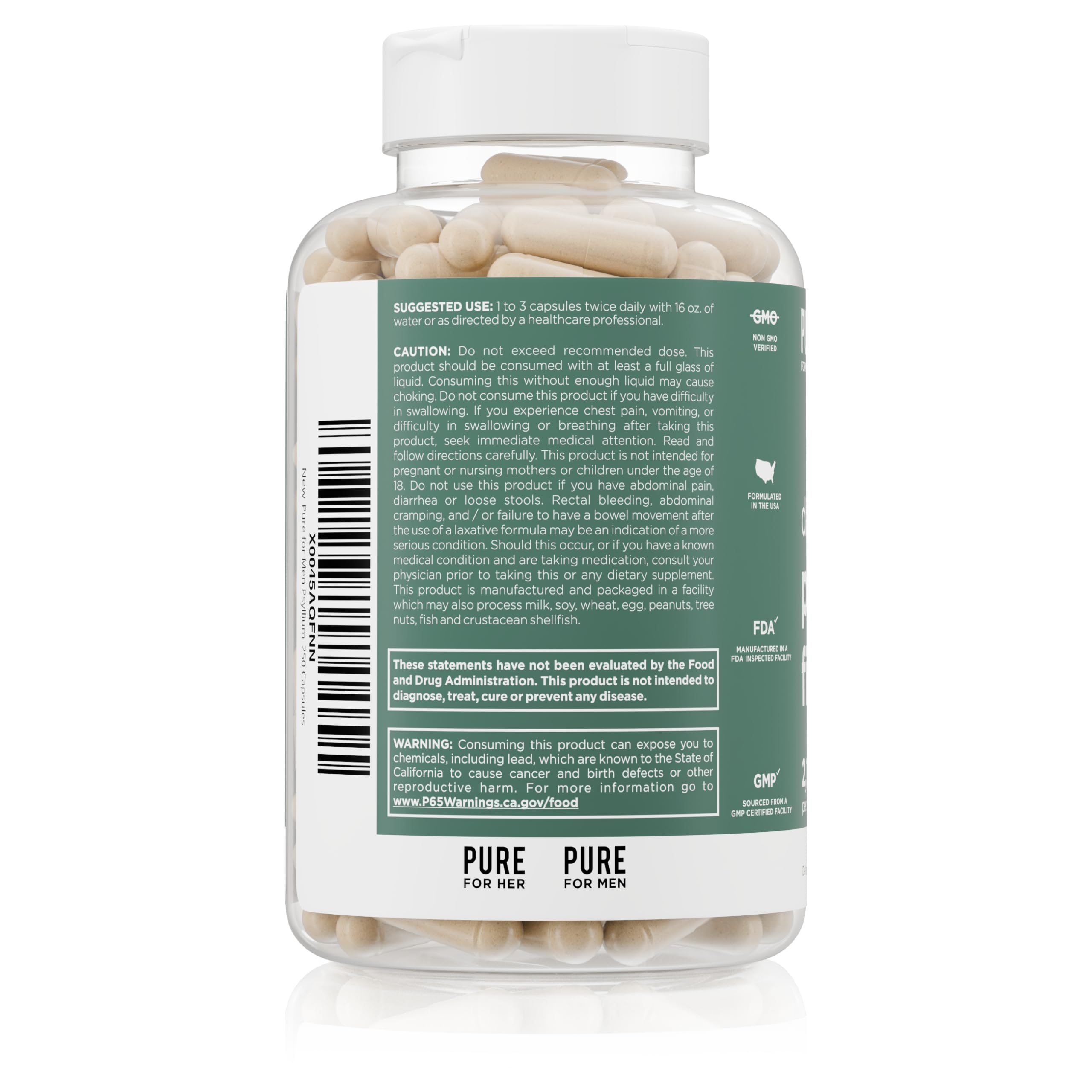 Pure for Men Psyllium Husk Fiber Capsules with dosage instructions