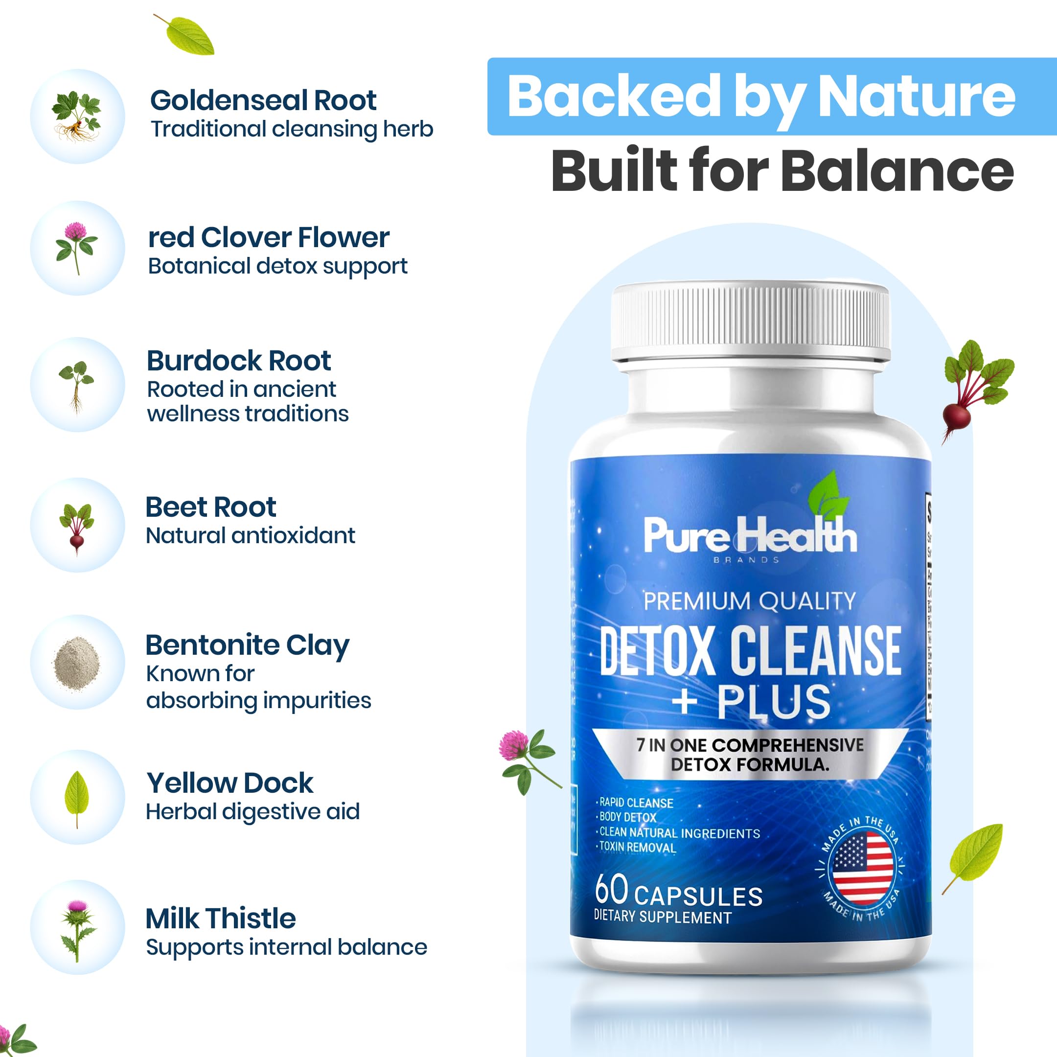 Pure Health Brands 7-in-1 Blend capsules on a wooden table