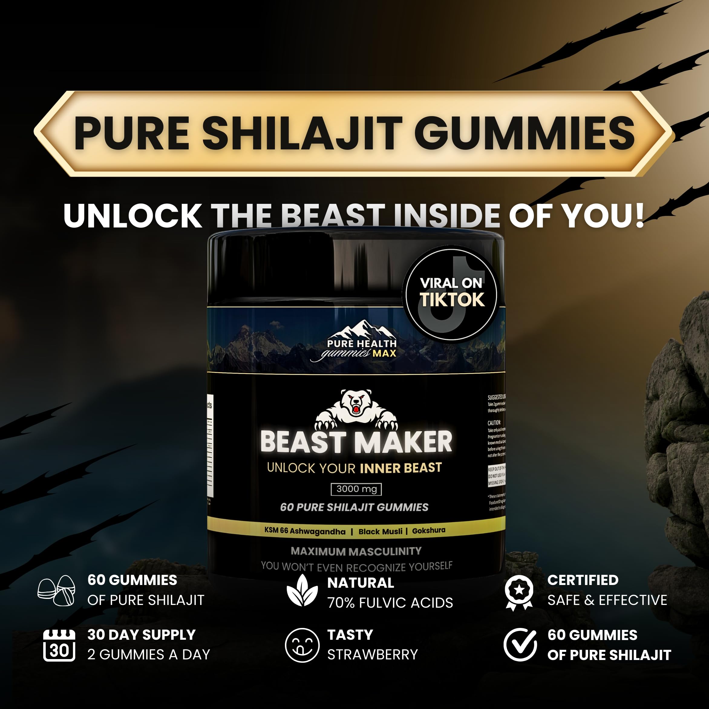 PURE HEALTH MAX Beast Maker Gummies side view showing ingredients