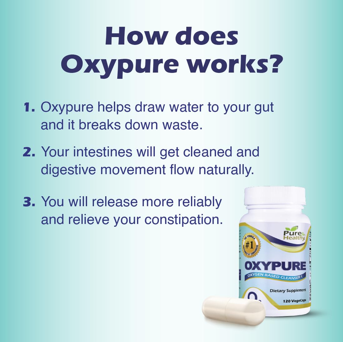 Pure & Healthy Oxypure Colon Cleanser capsules in a hand