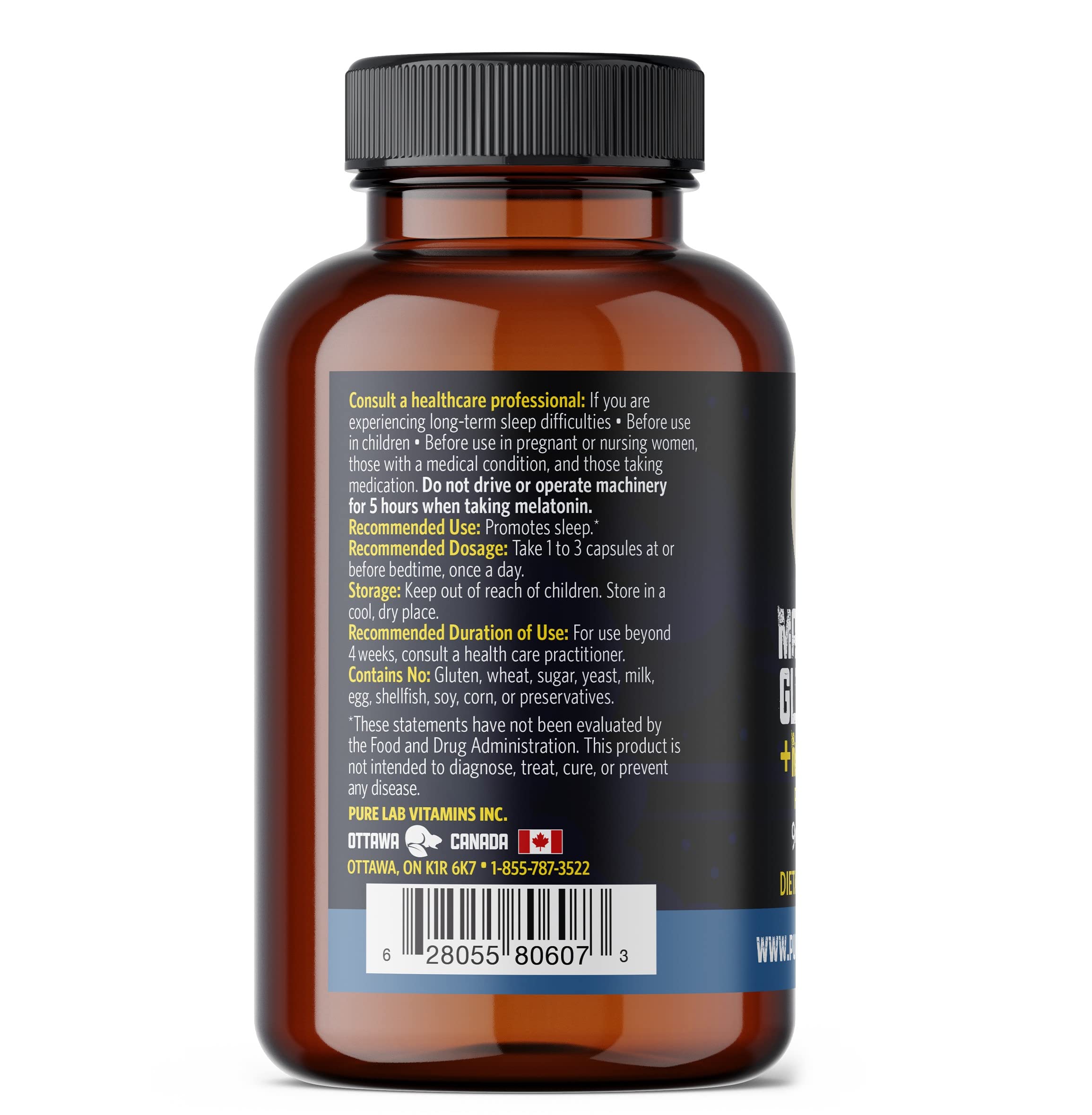 Pure Lab Vitamins Magnesium Glycinate with Melatonin 90 capsules side view