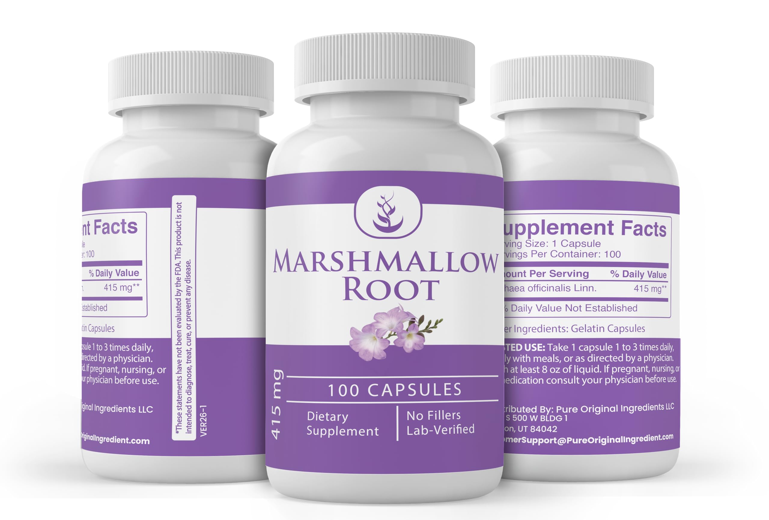 PURE Marshmallow Root Capsules on a wooden table
