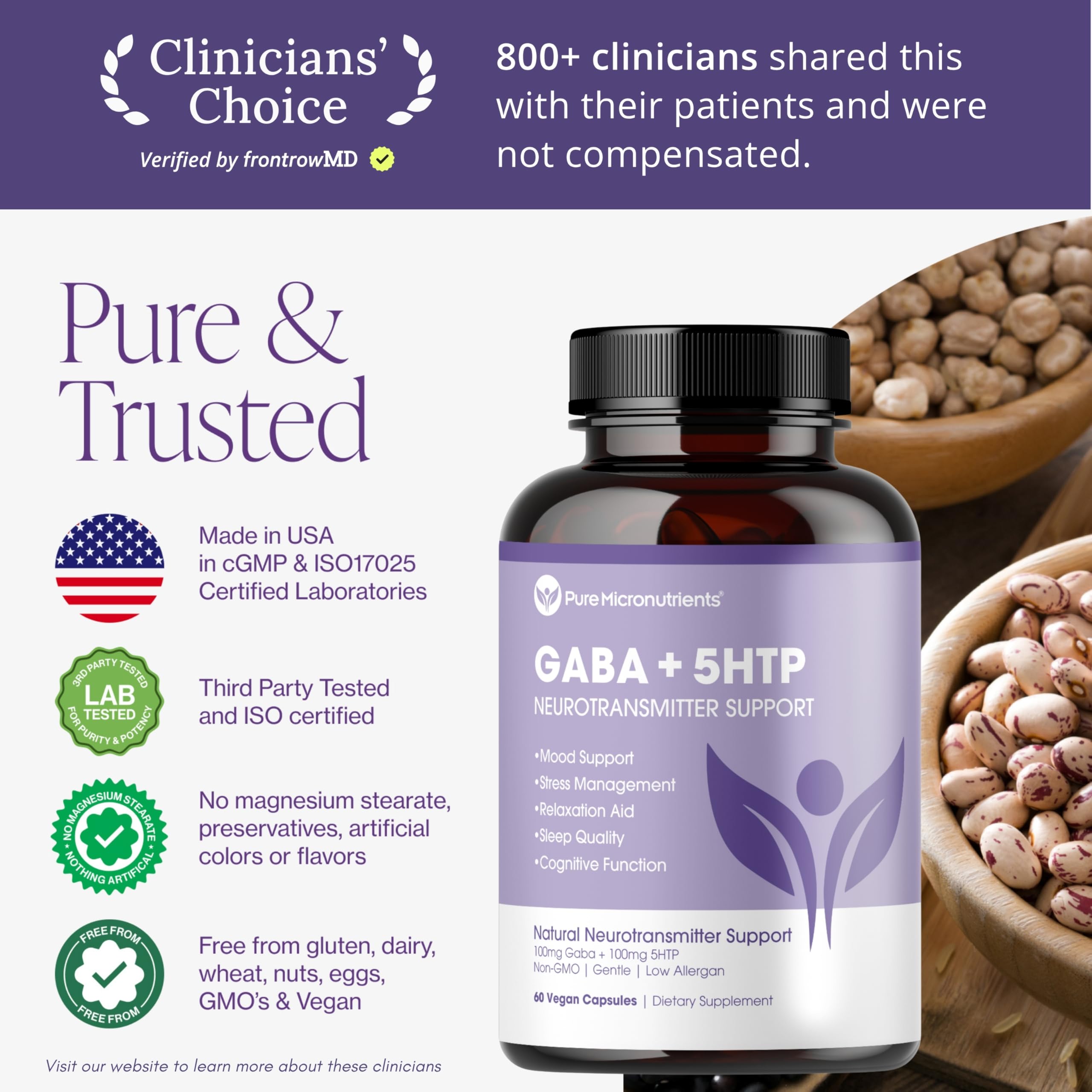 Pure Micronutrients 5-HTP Supplement 100mg GABA bottle with ingredients list
