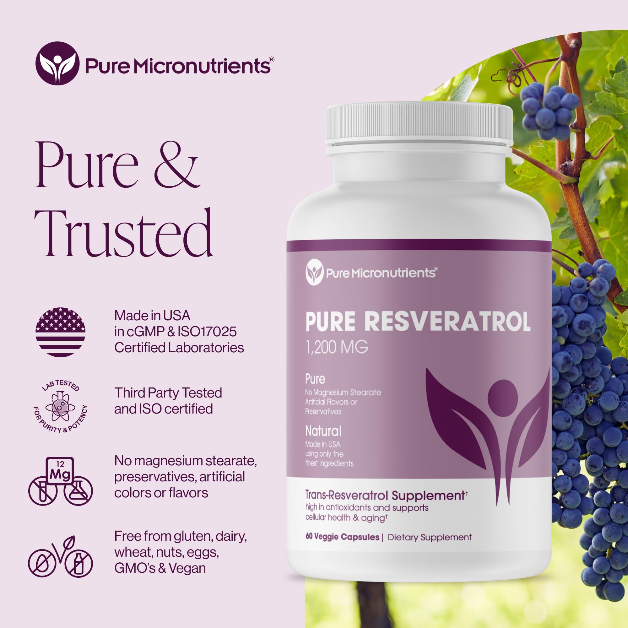Pure Micronutrients Resveratrol Capsules 50% Standardised side view