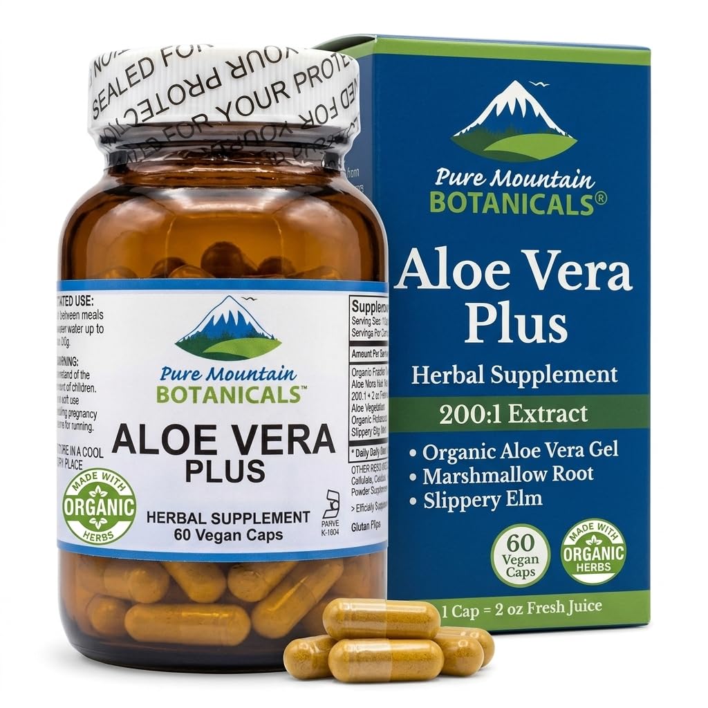 Pure Mountain Botanicals Aloe Vera Supplement 60 capsules front view
