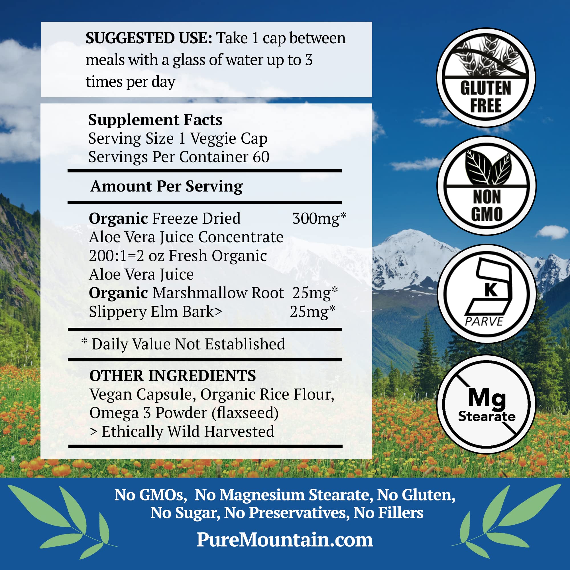 Pure Mountain Botanicals Aloe Vera Supplement bottle with label