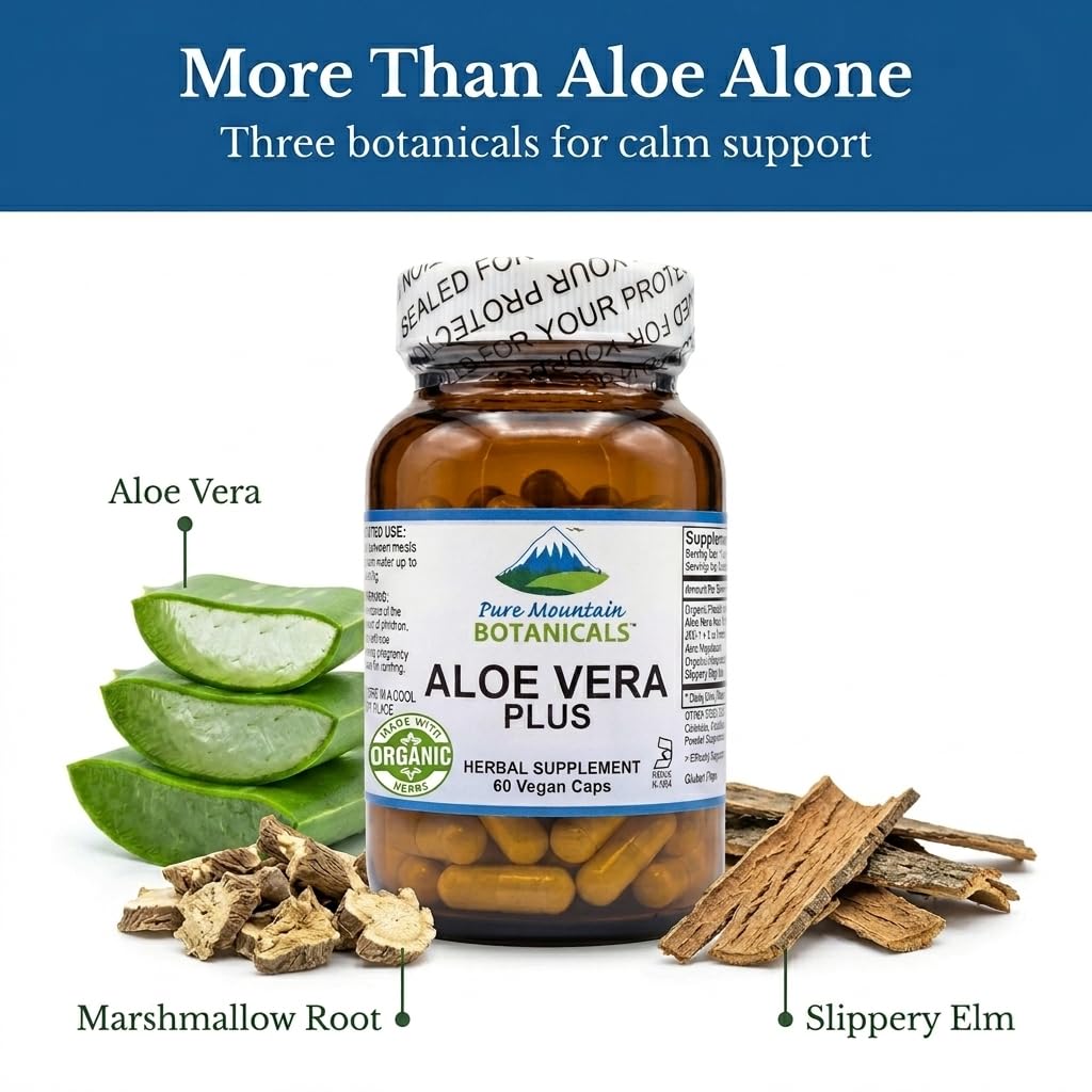 Pure Mountain Botanicals Aloe Vera Supplement capsules close-up