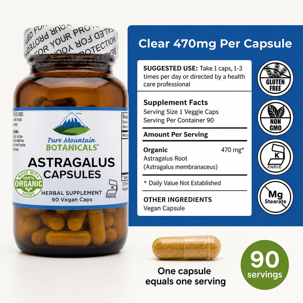 Pure Mountain Botanicals Astragalus Root Powder 90 capsules side view