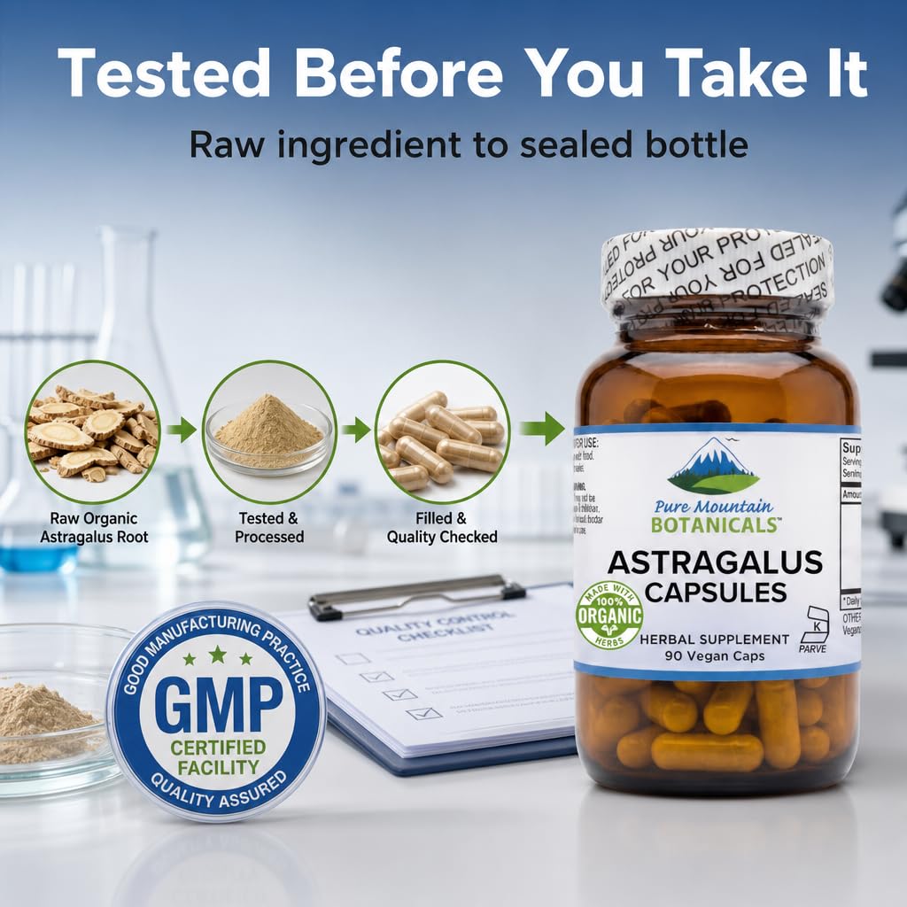 Pure Mountain Botanicals Astragalus Root Powder capsules on a wooden surface