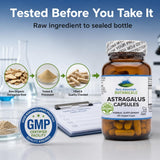 Pure Mountain Botanicals Astragalus Root Powder capsules on a wooden surface