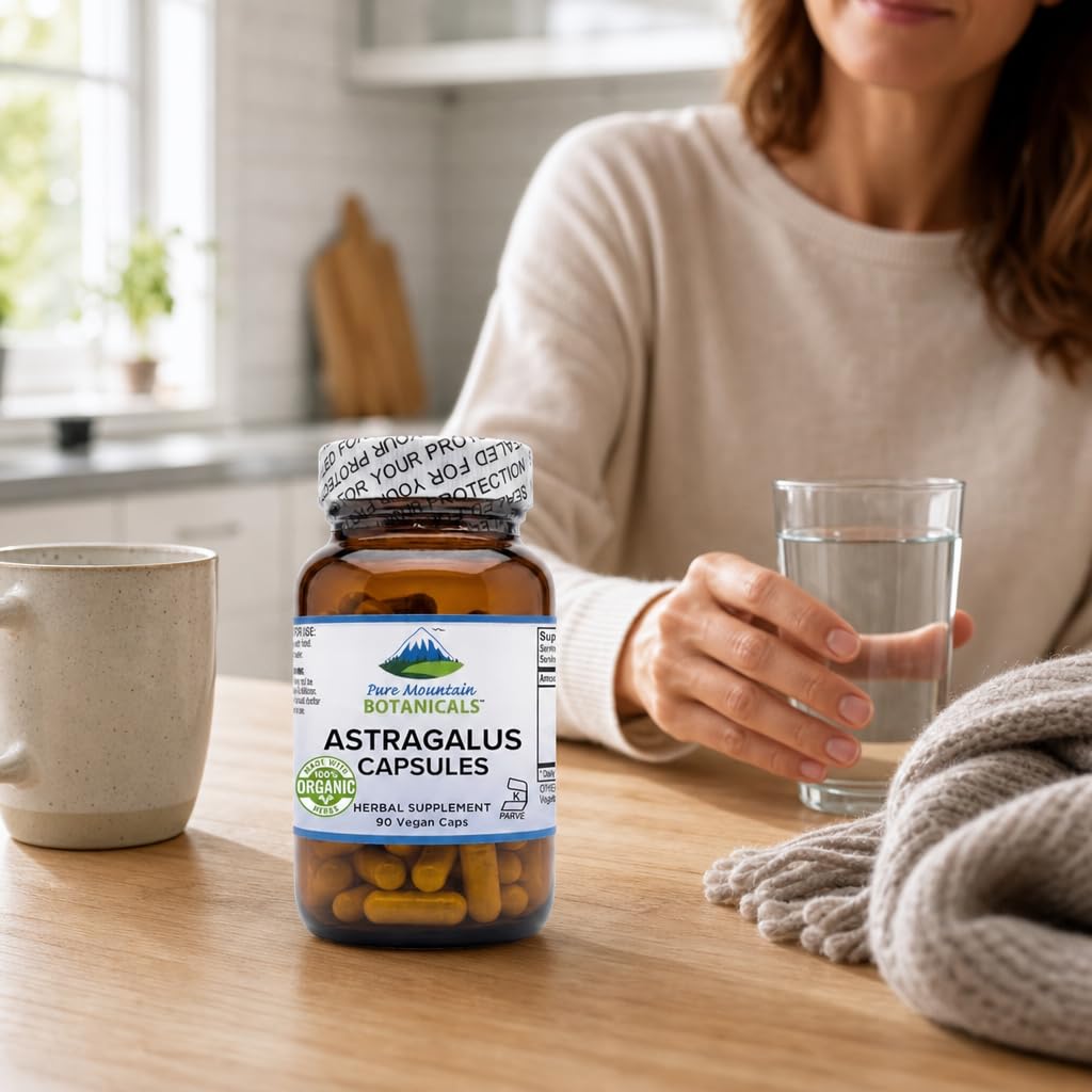 Pure Mountain Botanicals Astragalus Root Powder packaging and capsules