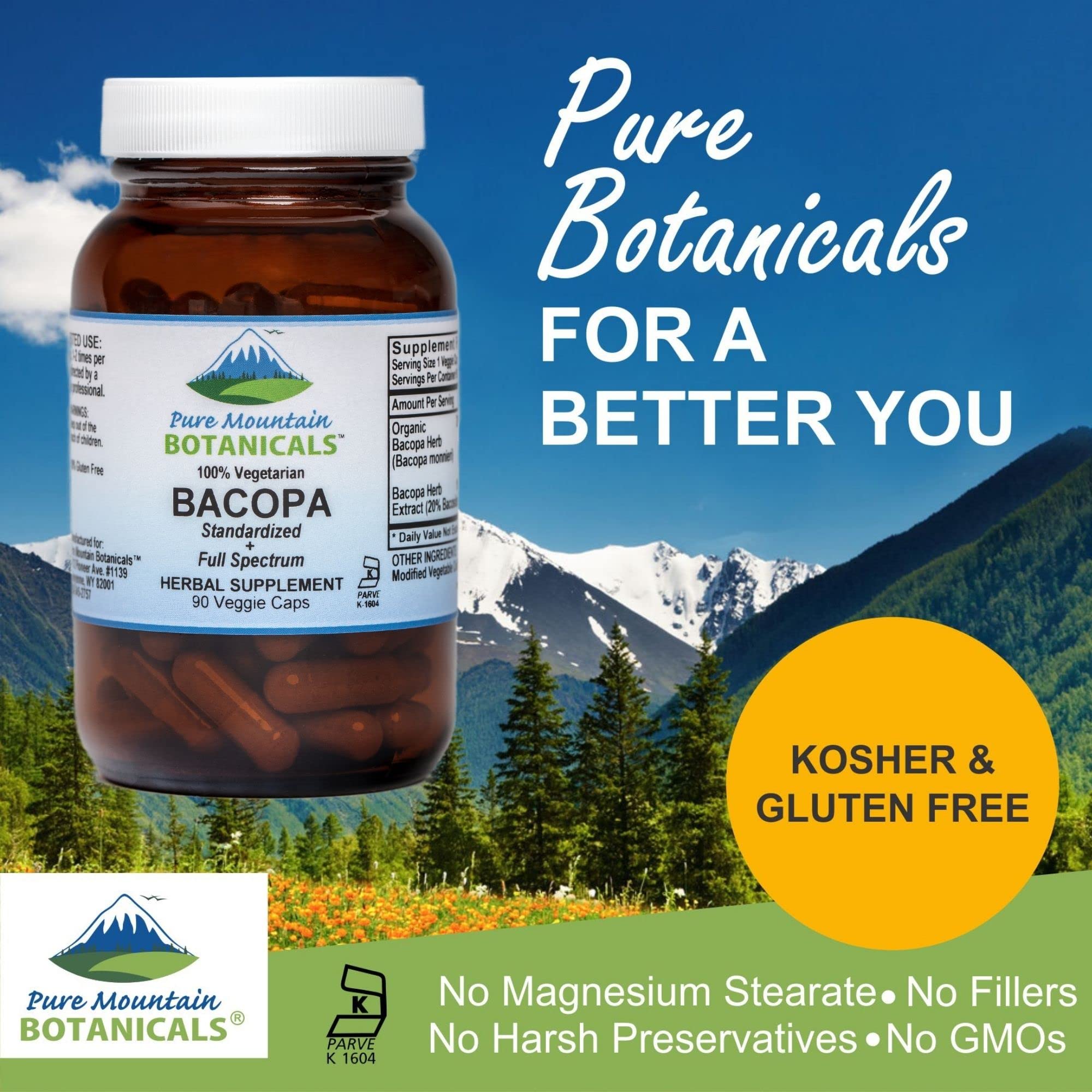 Pure Mountain Botanicals Bacopa Monnieri capsules with measuring spoon