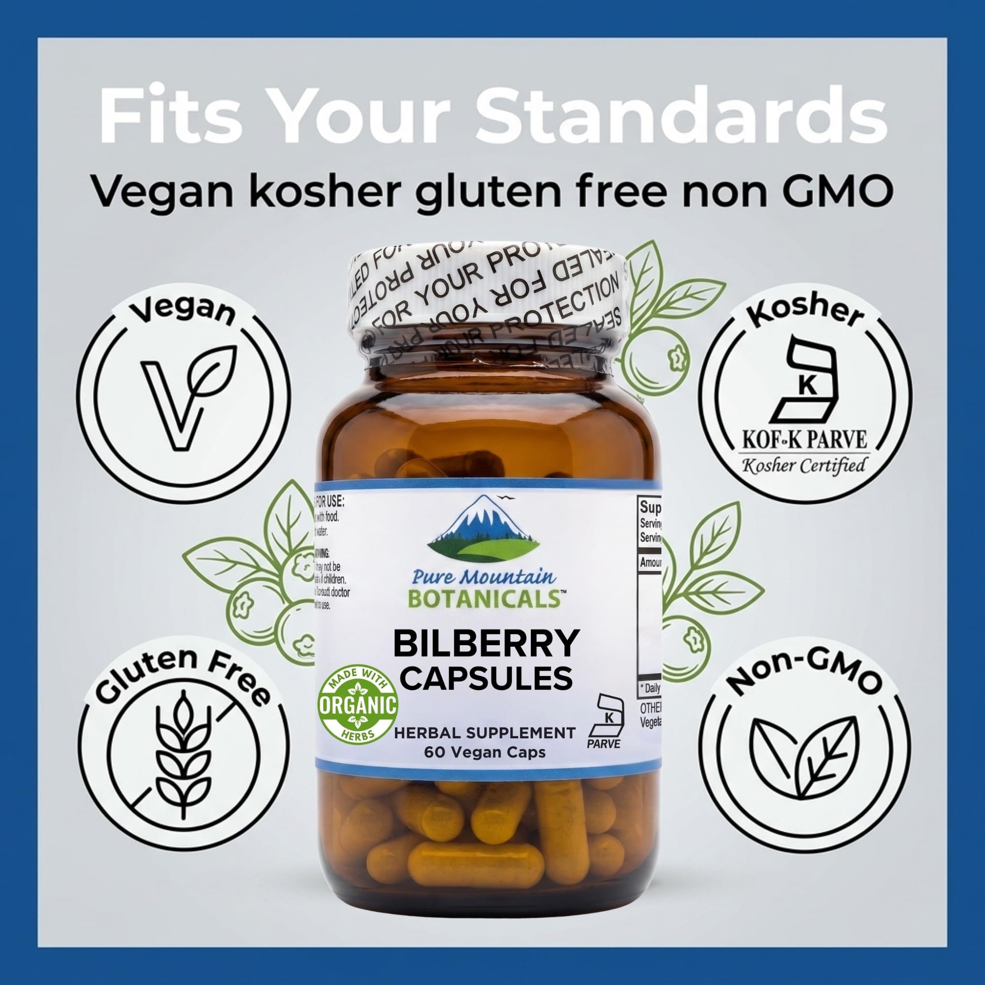 Pure Mountain Botanicals Bilberry Capsules ingredients list on the back