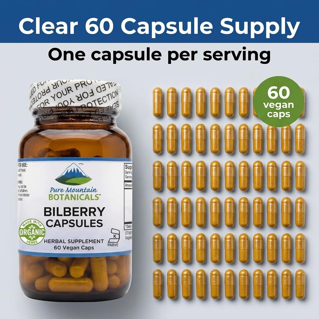 Pure Mountain Botanicals Bilberry Capsules on a wooden table