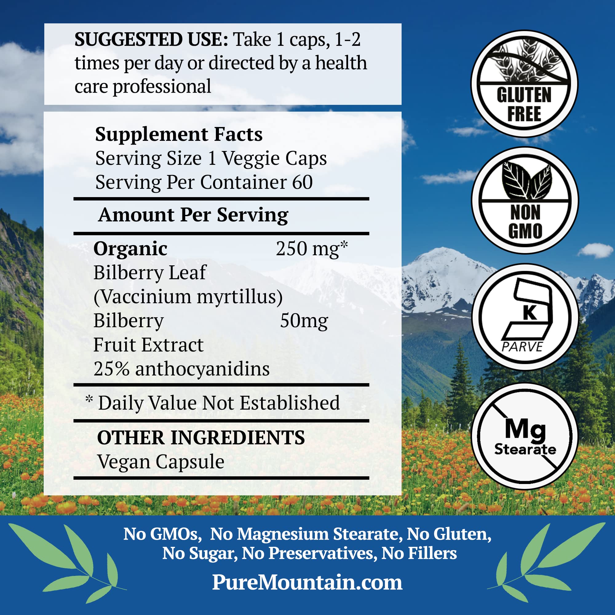 Pure Mountain Botanicals Bilberry Capsules side view showing label