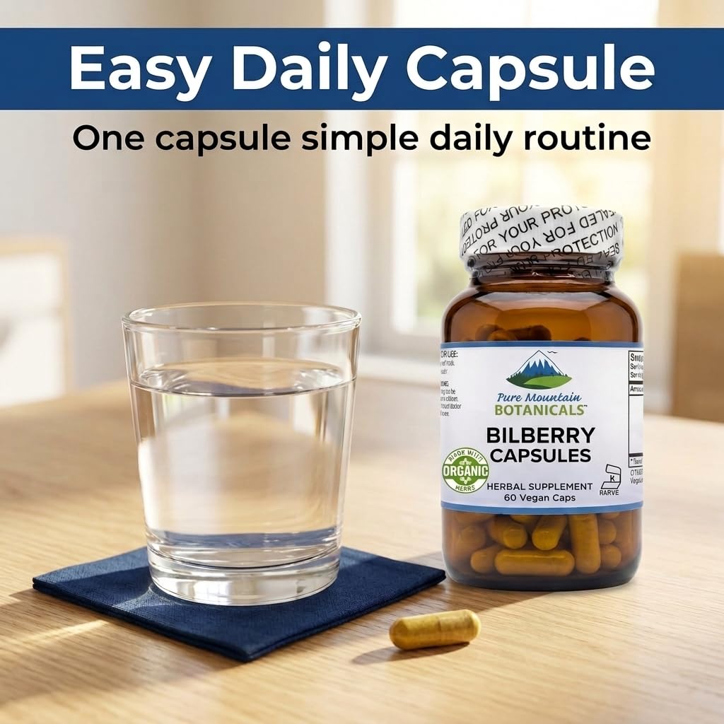 Pure Mountain Botanicals Bilberry Capsules with a measuring spoon