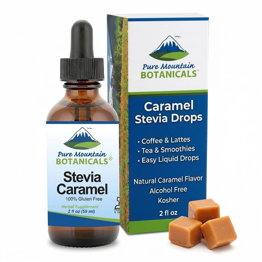 Pure Mountain Botanicals Caramel Stevia Drops 2oz front view