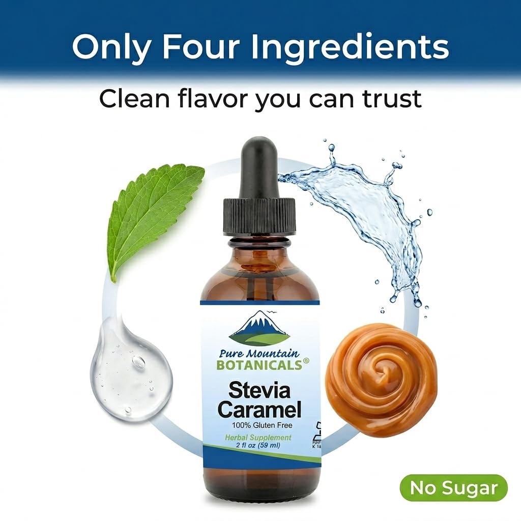 Pure Mountain Botanicals Caramel Stevia Drops with dropper